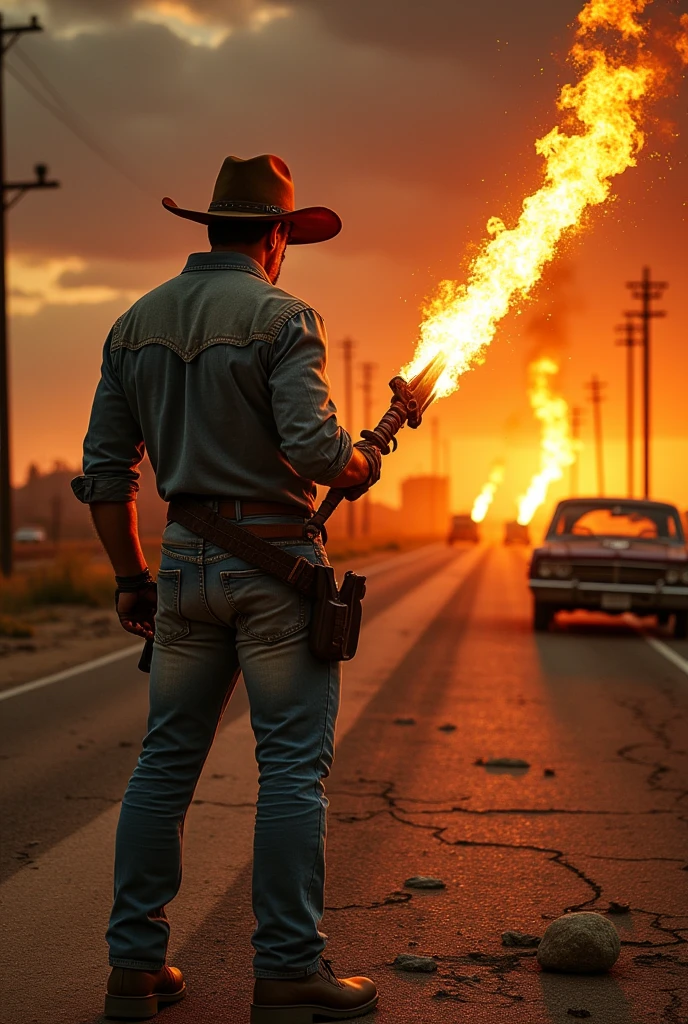 cowboy using flame katana against a bunch of mutant zombies in a road
