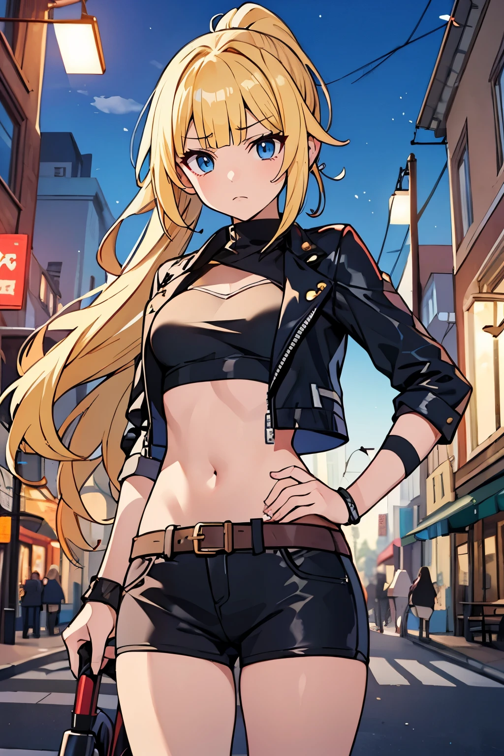 solo girl, (young female body:1.4), ( medium small breasts), knee length hair, yellow long hair, ponytail, voluminous wavy very long yellow hair, extra long yellow hair, hime cut, light blue eyes, cowboy shot, standing in the street, street lights and motorcycle, modern town, street car, biker chick, biker clothing, leather jacket, short, tigh high socks, exposed midriff