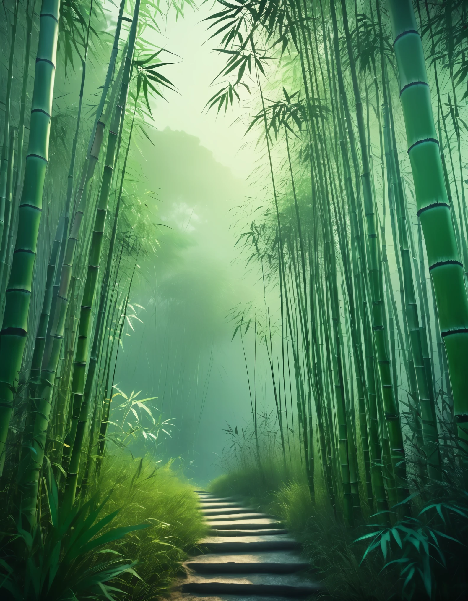 a fantastical bamboo forest landscape, Haze, no light source, dim, (Highest quality、4K、8k、High resolution、masterpiece:1.2)、Super detailed、Intricate brushstrokes, Natural light, A calming color palette, a tense atmosphere, quiet, Calmness, Oriental aesthetics, Dynamic composition, harmony, zen-like, Ethereal, Meditative high quality.