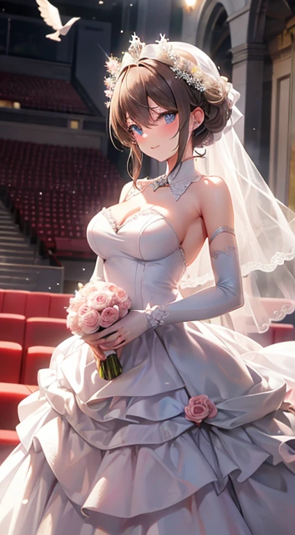 wedding gown，auditorium，Flying white doves，Holding roses in hand，divino