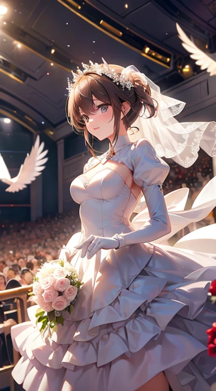 wedding gown，auditorium，Flying white doves，Holding roses in hand，divino