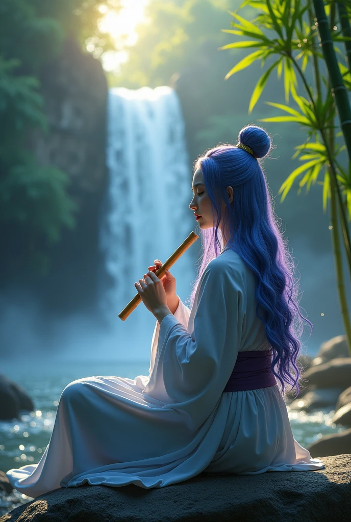 a picture ((dynamic art style)) of a (female monk: 1.2) sitting and playing in bamboo flute near a waterfall in a bamboo forest,  there is a human woman monk wearing monk garbs, (epic sized waterfall: 1.3), dynamic hair color, long hair, full body (best details, Masterpiece, best quality :1.5), ultra detailed face (best details, Masterpiece, best quality :1.5), ultra feminine (best details, Masterpiece, best quality :1.5), exquisite beautiful (best details, Masterpiece, best quality :1.5) dynamic hair color hair, long hair, wavy hair, pale skin, dynamic eyes color, intense eyes, water coming down from a volcanic cliff, she is sitting in a rich epic bamboo forest, clear water in many hues of blue and azure, it is the dawn of day, between night and day, the sun is rising, a time of meditation and serenity, bamboo forest background, fantasy art, photorealistic, D&D art, ultra best realistic, best details, best quality, 16k, [ultra detailed], masterpiece, best quality, (extremely detailed), ultra wide shot, photorealism, depth of field, hyper realistic painting, Cinematic Hollywood Film, Intense gaze