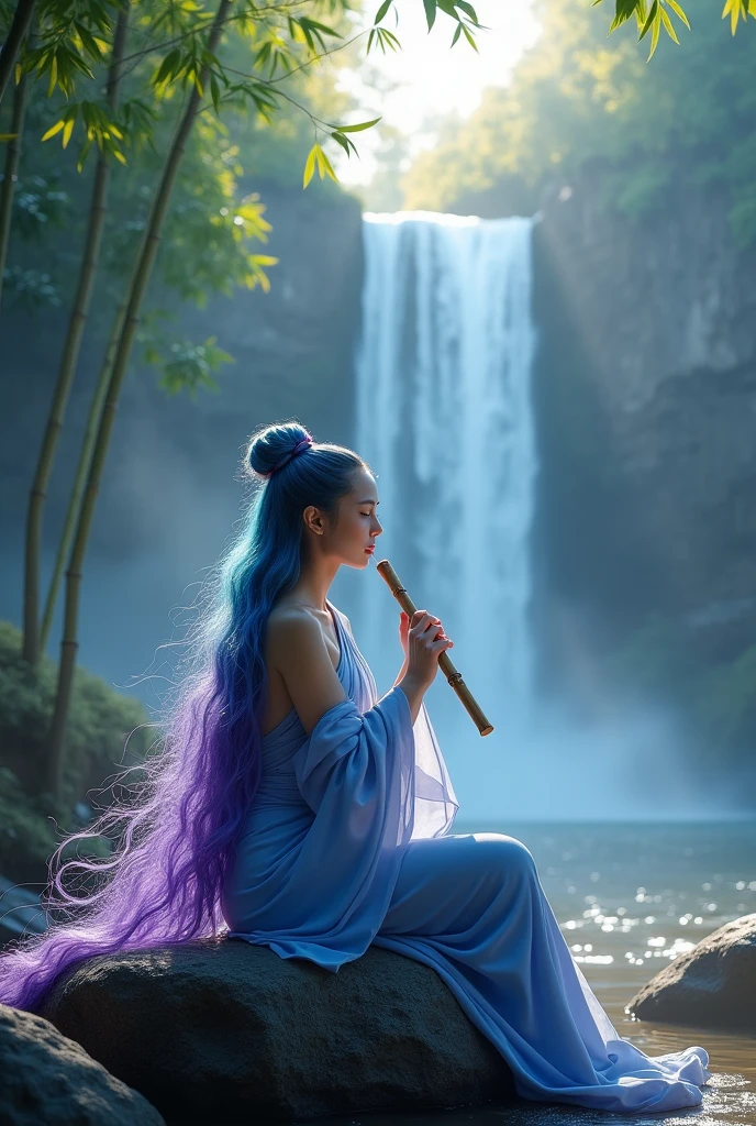 a picture ((dynamic art style)) of a (female monk: 1.2) sitting and playing in bamboo flute near a waterfall in a bamboo forest,  there is a human woman monk wearing monk garbs, (epic sized waterfall: 1.3), dynamic hair color, long hair, full body (best details, Masterpiece, best quality :1.5), ultra detailed face (best details, Masterpiece, best quality :1.5), ultra feminine (best details, Masterpiece, best quality :1.5), exquisite beautiful (best details, Masterpiece, best quality :1.5) dynamic hair color hair, long hair, wavy hair, pale skin, dynamic eyes color, intense eyes, water coming down from a volcanic cliff, she is sitting in a rich epic bamboo forest, clear water in many hues of blue and azure, it is the dawn of day, between night and day, the sun is rising, a time of meditation and serenity, bamboo forest background, fantasy art, photorealistic, D&D art, ultra best realistic, best details, best quality, 16k, [ultra detailed], masterpiece, best quality, (extremely detailed), ultra wide shot, photorealism, depth of field, hyper realistic painting, Cinematic Hollywood Film, Intense gaze