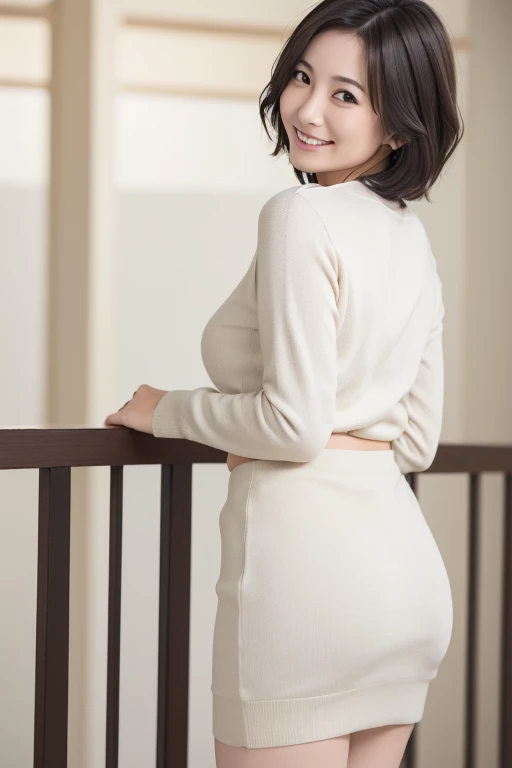 masterpiece、High resolution、Photo quality、Realistic、Beautiful Japanese Woman、Mature Woman、sexy、Lightweight sweater、Cotton tight skirt、Back view、Standing in a way that accentuates their buttocks.、The face is turned around、smile、round face、Above the knee、short hair、