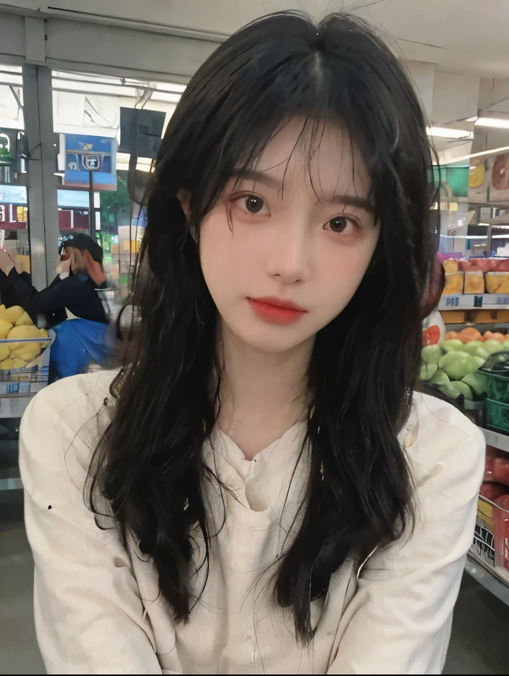 Best quality，Ultra-high resolution,(Realism:1.4)，Cute hairpins，girll,Cropped black sweater，Look directly at the audience，Full of atmosphere，Beautiful woman with a slim figure:1.4，supermarket，whole body，Super delicate face，Exquisite eyes，Double eyelids，necklace