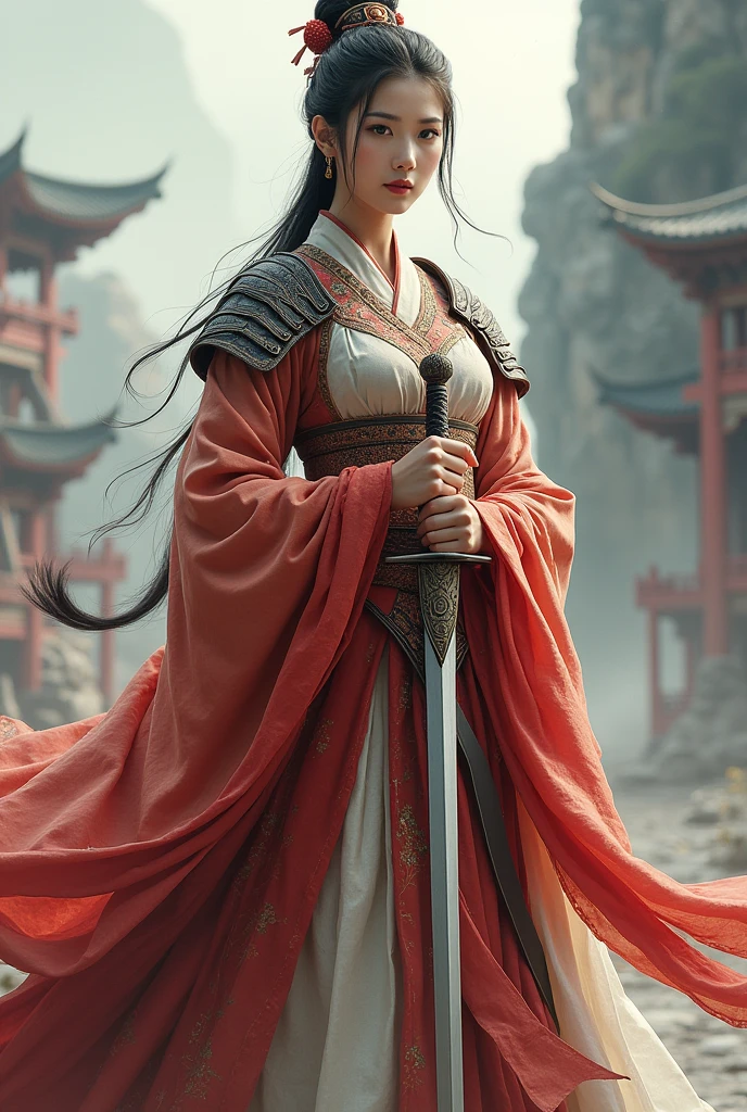 Imagine a traditional Chinese woman, embodying the grace and strength of a warrior. She stands tall and poised, dressed in an intricate warrior's robe made of rich, flowing fabric that reflects the style of ancient China. Her attire is adorned with traditional patterns and armored accents, combining elegance with protection. Her hair is styled in a traditional updo, held in place by ornate hairpins, with a few loose strands framing her resolute face. In her hand, she grips a long, finely-crafted sword, its blade gleaming with readiness. Her stance is firm and balanced, exuding both the grace of a well-trained warrior and the quiet dignity of a noblewoman. The background might feature elements like a misty mountain landscape or an ancient palace, enhancing the sense of history and tradition. Her expression is focused, embodying the strength, wisdom, and honor of a true warrior in ancient Chinese culture.
