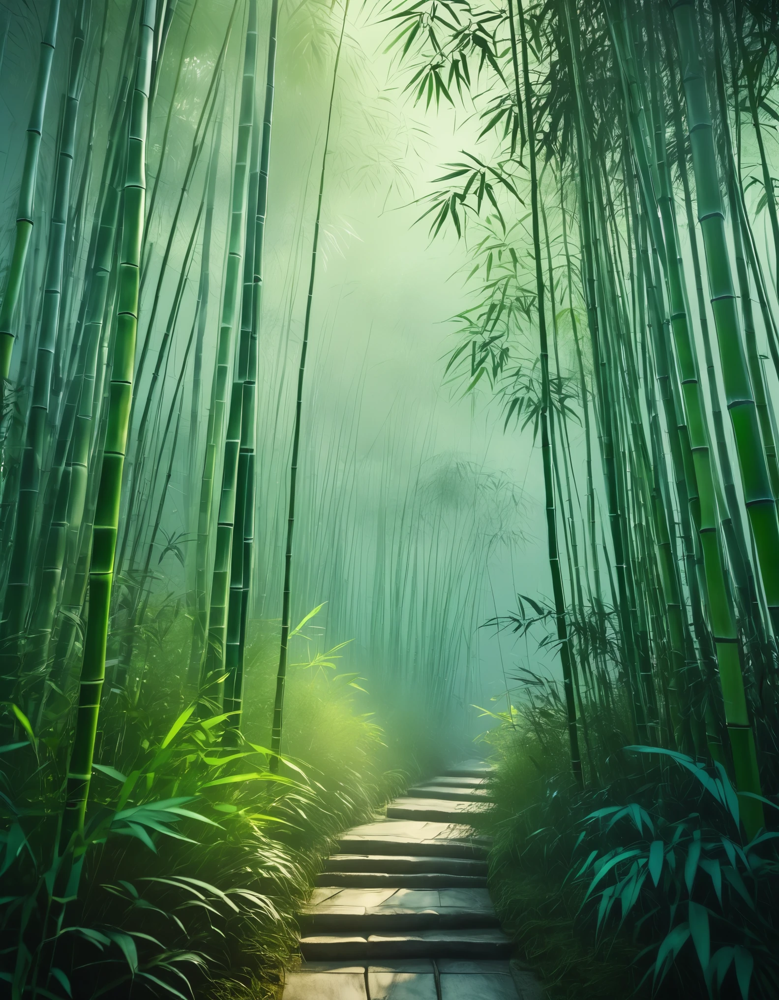 a fantastical bamboo forest landscape, Haze, no light source, dim, (Highest quality、4K、8k、High resolution、masterpiece:1.2)、Super detailed、Intricate brushstrokes, Natural light, A calming color palette, a tense atmosphere, quiet, Calmness, Oriental aesthetics, Dynamic composition, harmony, zen-like, Ethereal, Meditative high quality.