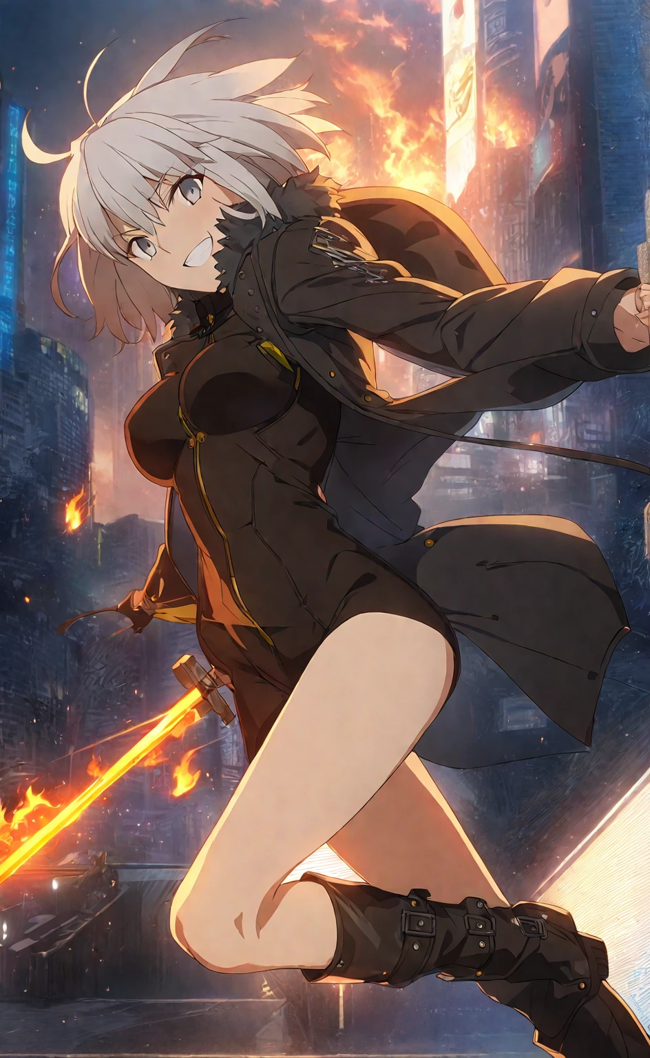 anime girl with sword and fire in the air, fate grand order, fine details. girls frontline, fire!! full body, from girls frontline, girls frontline cg, best anime 4k konachan wallpaper, 坏蛋动漫8 K, anime moe artstyle, girls frontline style, ufotable art style, blazing infero,tendon,rider suit,black and gold coat,masterpiece,silver short hair,smile,sinjyuku in tokyo,buildings,night,neon,Black leather coat with gold embroidered fur edging,Black leather boots with three-section fastening belt,A challenging smile