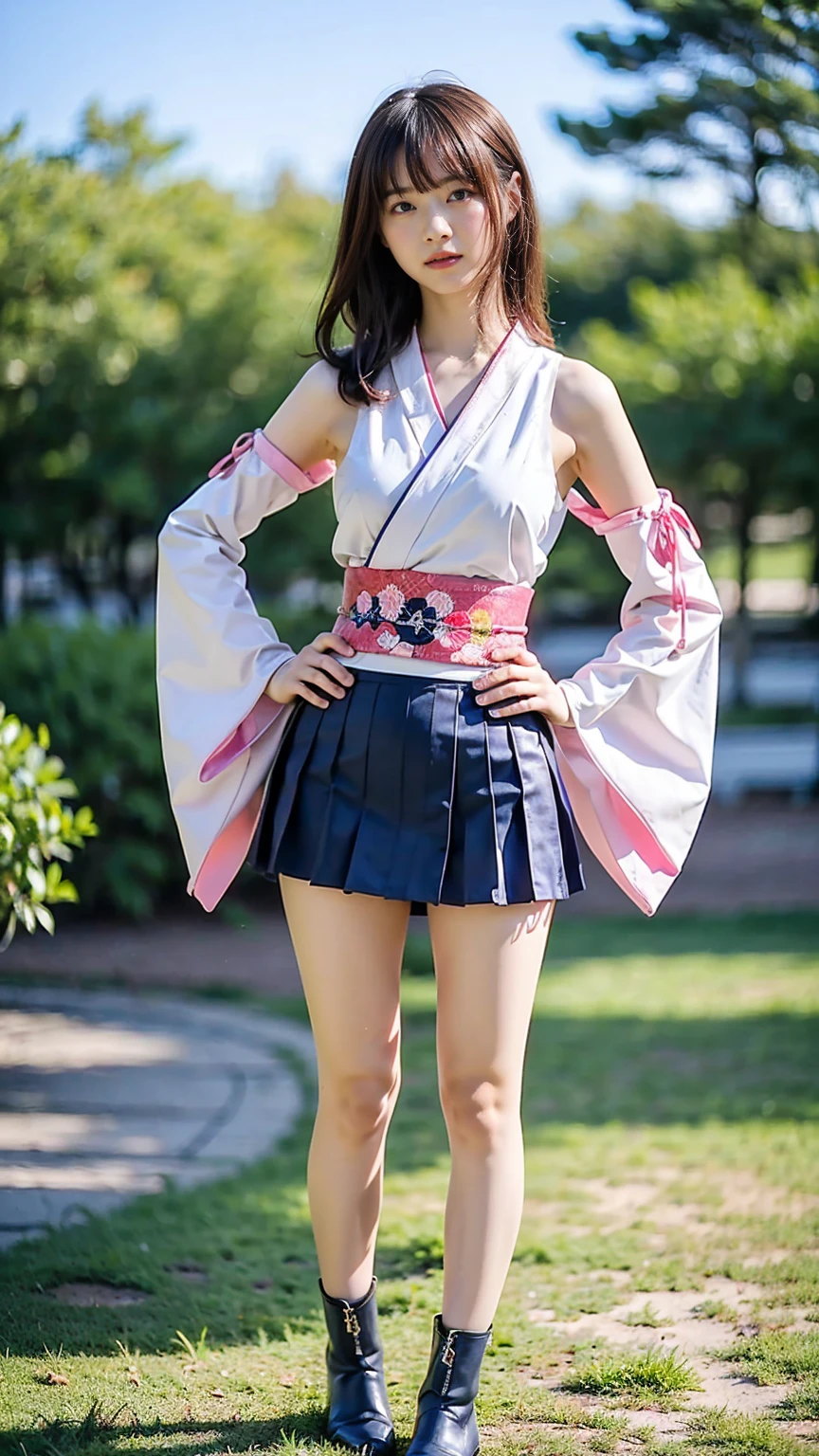 (8k、RAW Photos、Highest quality、masterpiece:1.2)、(Realistic、Realistic)、1 person、((Long-sleeved kimono、white、pink、mini skirt、navy blue、Shoulder visible、Breast enlargement、boots、、Thin legs、whole body、View from the front、Looking into the camera、Stand with hands on hips))、cute