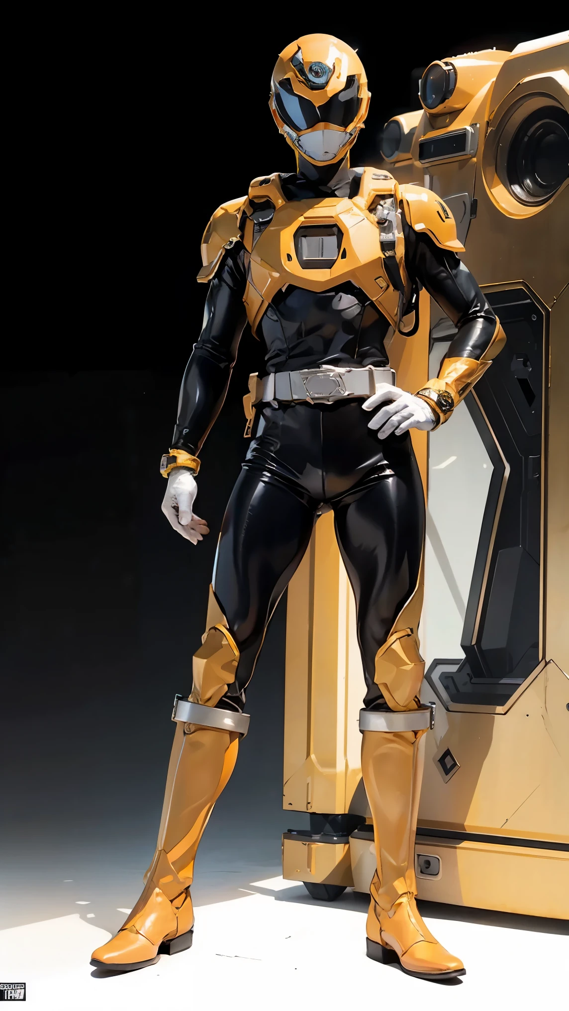 1boy, full body, Illustration, cinematic light, high resolution, best quality, ultra detailed, masterpiece, power suit, powerranger, suit, spd,  gold metallic detail, (((black suit)))