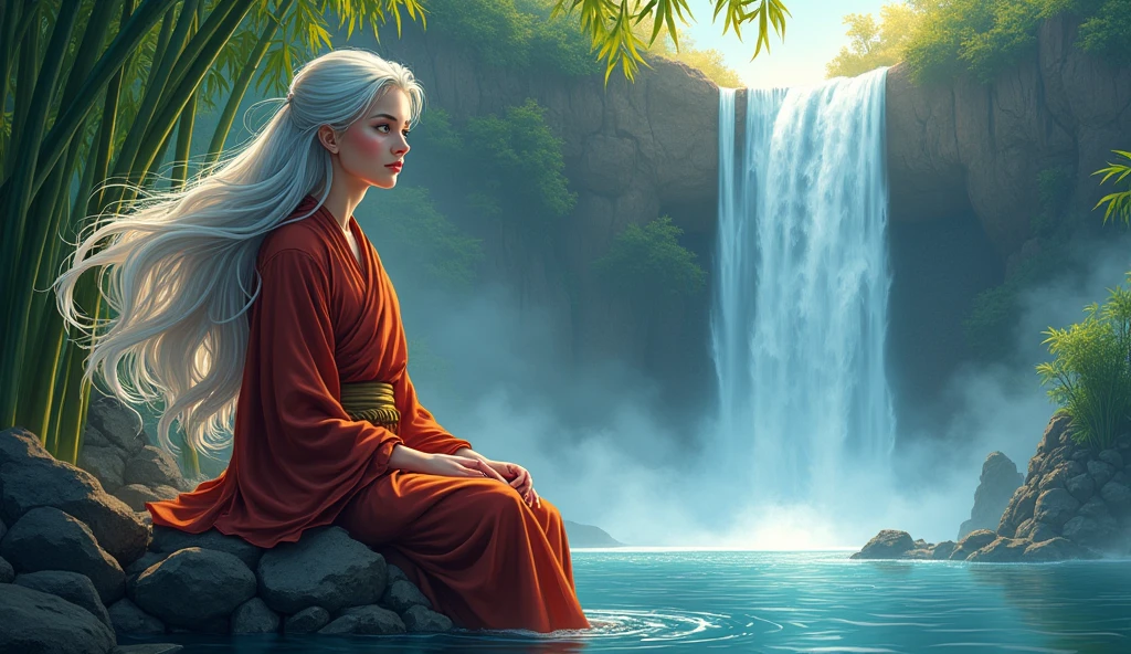 a comic portrait  of a (female monk: 1.2) sitting and playing in bamboo flute near a waterfall in a bamboo forest,  there is a human woman monk wearing monk garbs, (epic sized waterfall: 1.3), dynamic hair color, long hair, full body (best details, Masterpiece, best quality :1.5), ultra detailed face (best details, Masterpiece, best quality :1.5), ultra feminine (best details, Masterpiece, best quality :1.5), exquisite beautiful (best details, Masterpiece, best quality :1.5) dynamic hair color hair, long hair, wavy hair, pale skin, dynamic eyes color, intense eyes, water coming down from a volcanic cliff, she is sitting in a rich epic bamboo forest, clear water in many hues of blue and azure, it is the dawn of day, between night and day, the sun is rising, a time of meditation and serenity, bamboo forest background, fantasy art, photorealistic, D&D art, ultra best realistic, best details, best quality, 16k, [ultra detailed], masterpiece, best quality, (extremely detailed), ultra wide shot, photorealism, depth of field, hyper realistic painting, Cinematic Hollywood Film, Intense gaze