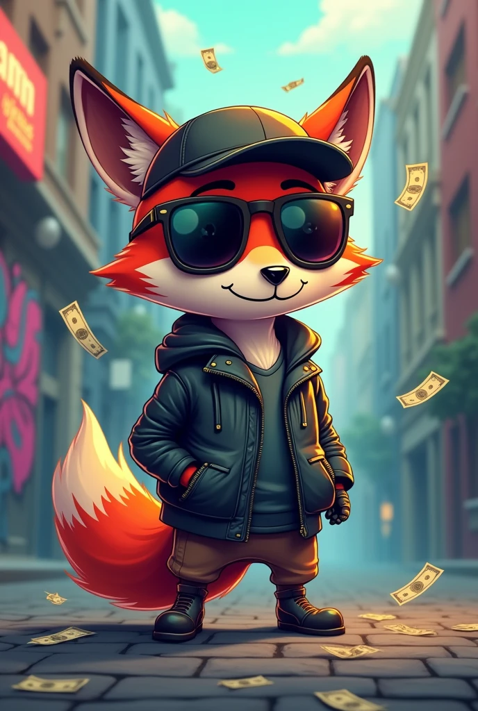 Cute mafia fox, skull head,leather jacket, Baseball Cap,street,cartoon, sunglasses,mystical touch,
grafitti ,flying Dollar notes and Dollar notes on ground,little bit fog