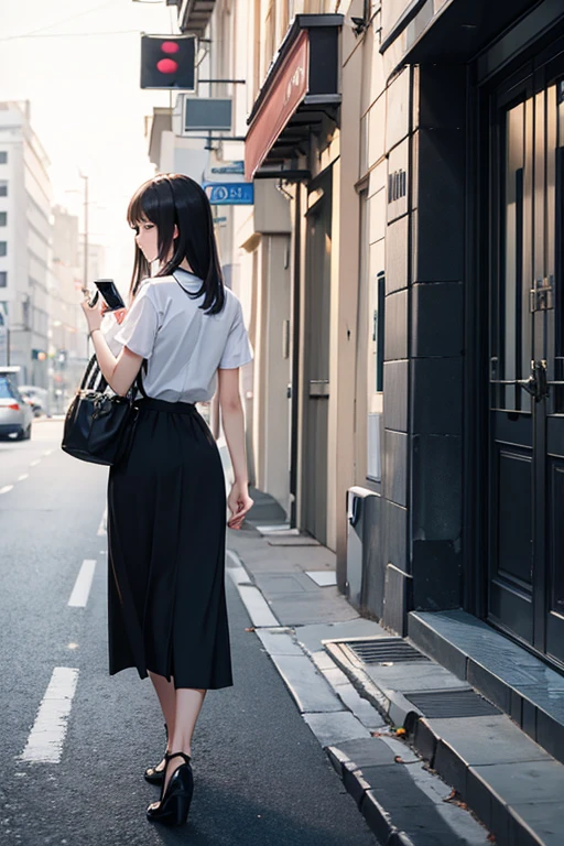 Highest quality、masterpiece、High sensitivity、High resolution、Detailed Description、Slender women、on the road、While playing with a cell phone、Carrying a big bag、Leaning against a building、Are standing、