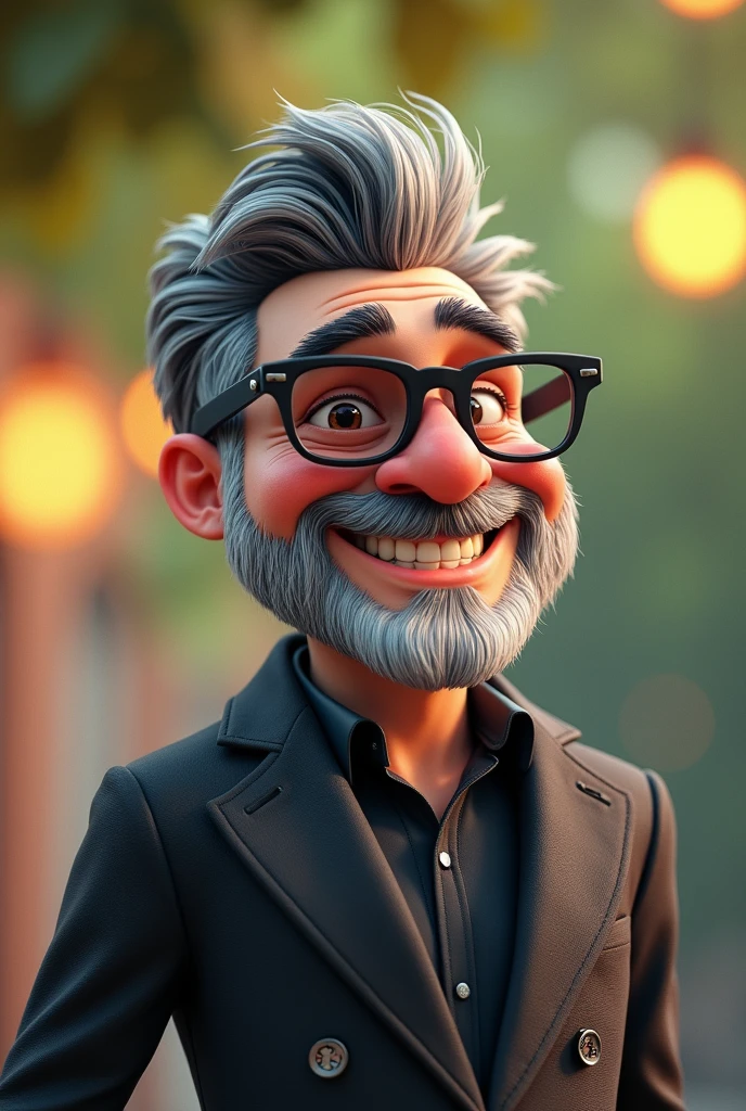 Cartoon character of a man wearing dark black glasses, Black jacke, Grinning, large nose, blackquality hair, with some white threads, greybeard, Follow the reference image. animation character, stylized character, animation style rendering, 3d stylized, Arnold Maya rendering, Stylized 3D rendering, toon render screenshot, 3d character, 3d character, Stylized 3D rendering, 3D character rendering, cartoon character, Personagem de close up, character posing,  (Pixar-style) (master part:1.2) (bokeh) (best qualityer) (skin detailed) (detailed texture) (8k) (Argilla) (cinematic lighting) (sharp focus