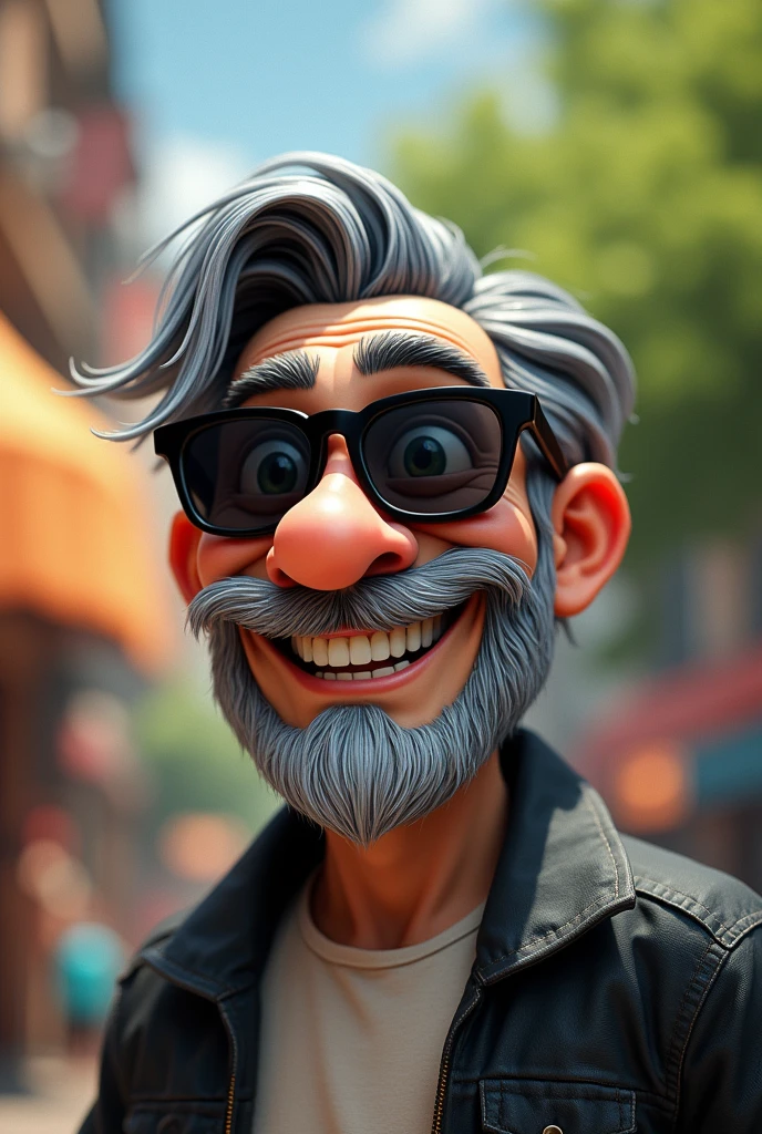 Cartoon character of a man wearing dark black glasses, Black jacke, Grinning, large nose, blackquality hair, with some white threads, greybeard, Follow the reference image. animation character, stylized character, animation style rendering, 3d stylized, Arnold Maya rendering, Stylized 3D rendering, toon render screenshot, 3d character, 3d character, Stylized 3D rendering, 3D character rendering, cartoon character, Personagem de close up, character posing,  (Pixar-style) (master part:1.2) (bokeh) (best qualityer) (skin detailed) (detailed texture) (8k) (Argilla) (cinematic lighting) (sharp focus