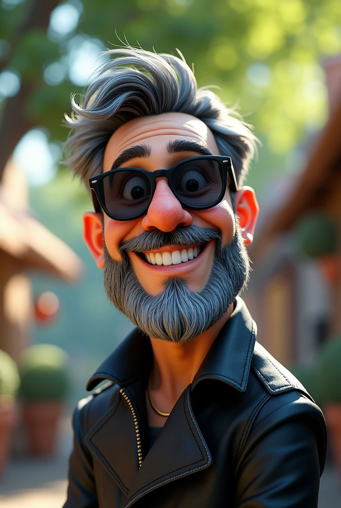 Cartoon character of a man wearing dark black glasses, Black jacke, Grinning, large nose, blackquality hair, with some white threads, greybeard, Follow the reference image. animation character, stylized character, animation style rendering, 3d stylized, Arnold Maya rendering, Stylized 3D rendering, toon render screenshot, 3d character, 3d character, Stylized 3D rendering, 3D character rendering, cartoon character, Personagem de close up, character posing, (Pixar-style) (master part:1.2) (bokeh) (best qualityer) (skin detailed) (detailed texture) (8k) (Argilla) (cinematic lighting) (sharp focus
