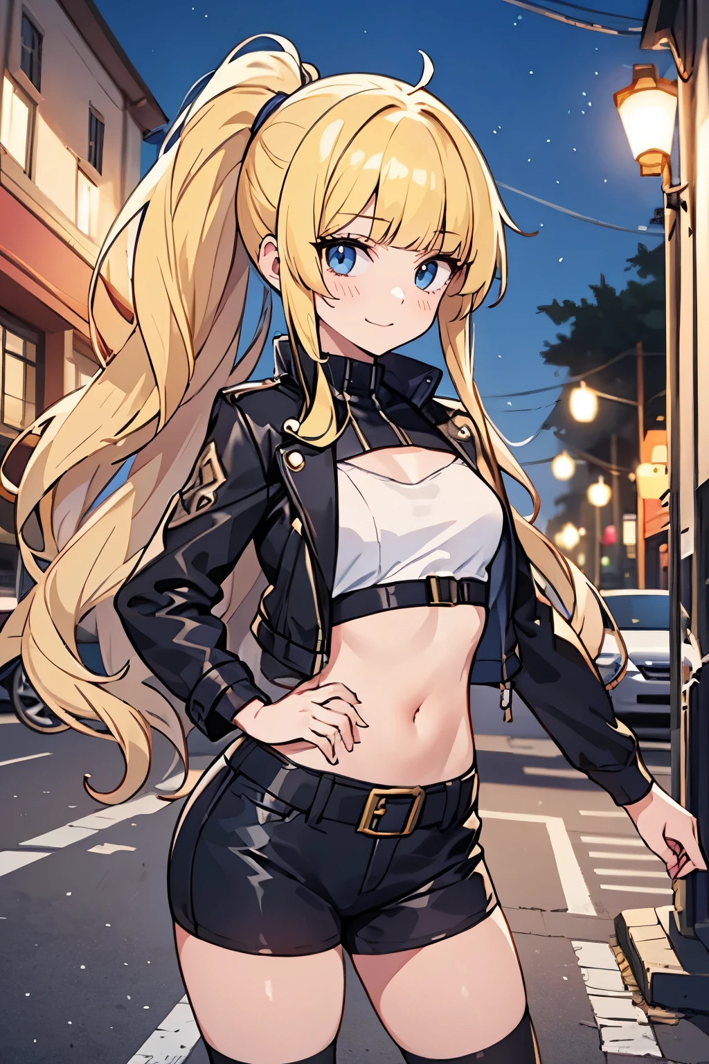 solo girl, (young female body:1.4), ( medium small breasts), knee length hair, yellow long hair, ponytail, voluminous wavy very long yellow hair, extra long yellow hair, hime cut, light blue eyes, cowboy shot, standing in the street, street lights and motorcycle, modern town, street car, biker chick, biker clothing, leather jacket, short, tigh high socks, exposed midriff