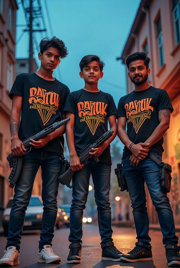 3 friend boys daksha kartik or manmohan jike hath me hathiyar ho unka naam unki teashirt par likha ho