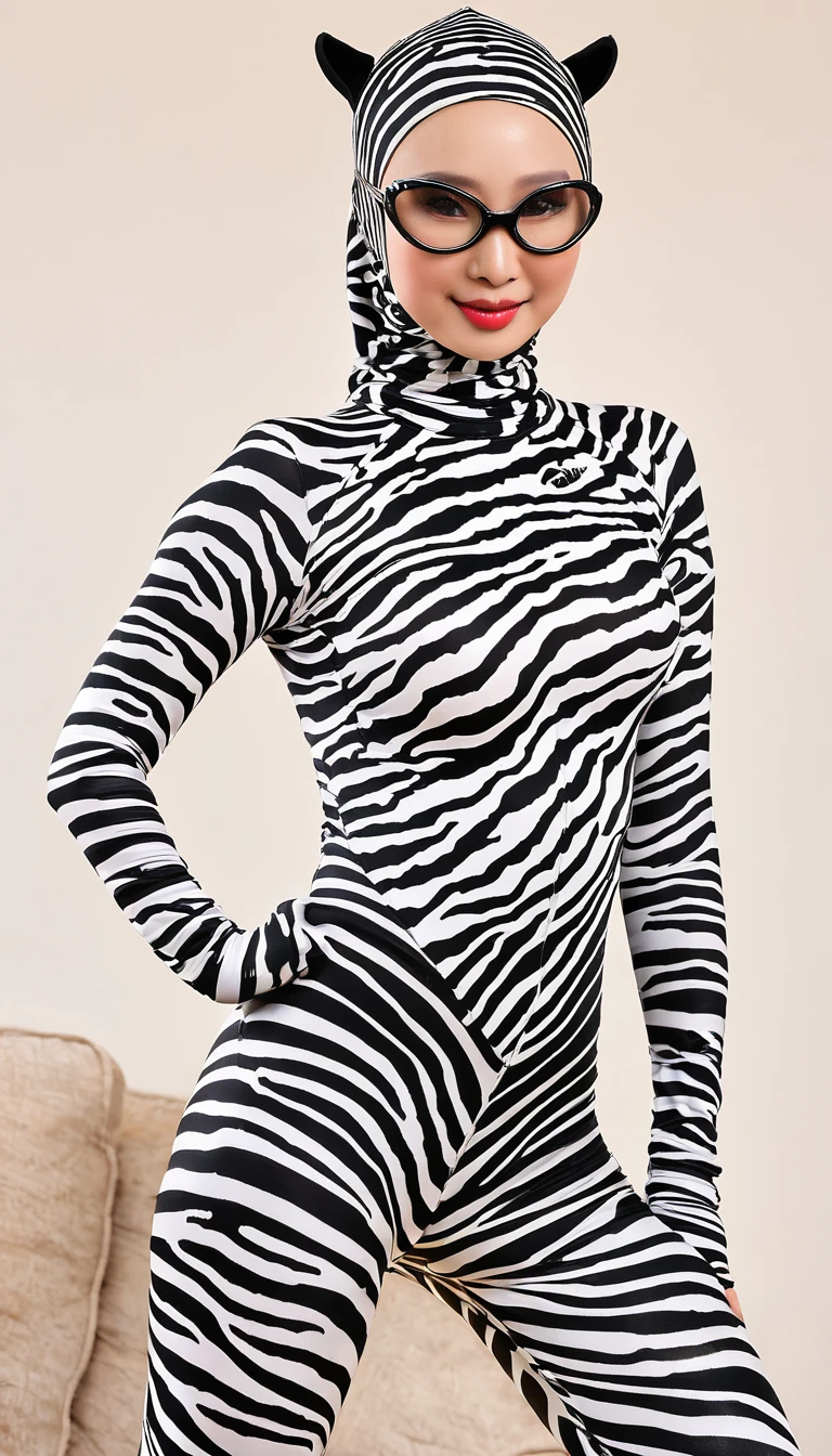 The beautiful and the most thinest taiwan contortion adult girl with beautiful cheeks wears zebra print full lycra dancewear turtleneck unitard catsuit and zebra print lycra elastane dancewear hijab-like hood.She is happy at home to practice contortion performance.She wears a pair of black glasses.