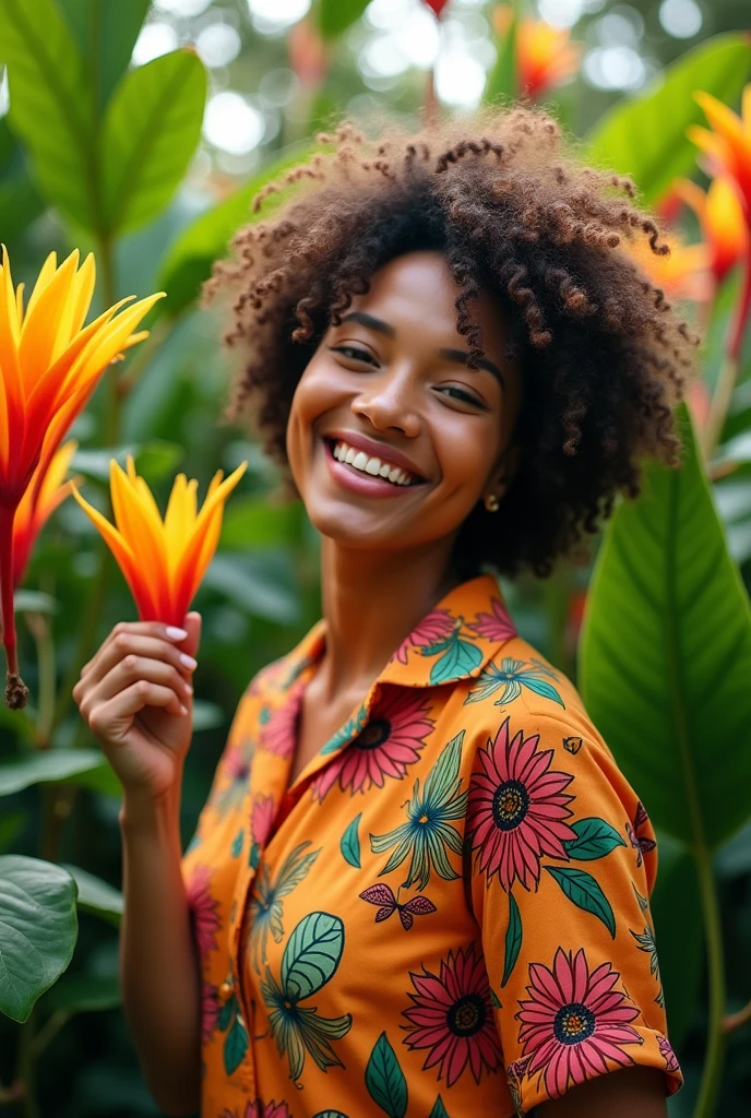 A Brazilian woman in a lush tropical garden, wearing an open shirt with a floral print, with a close-up capturing the harmonious beauty between her breasts and the natural flowers, showing off your natural charm and outgoing personality.