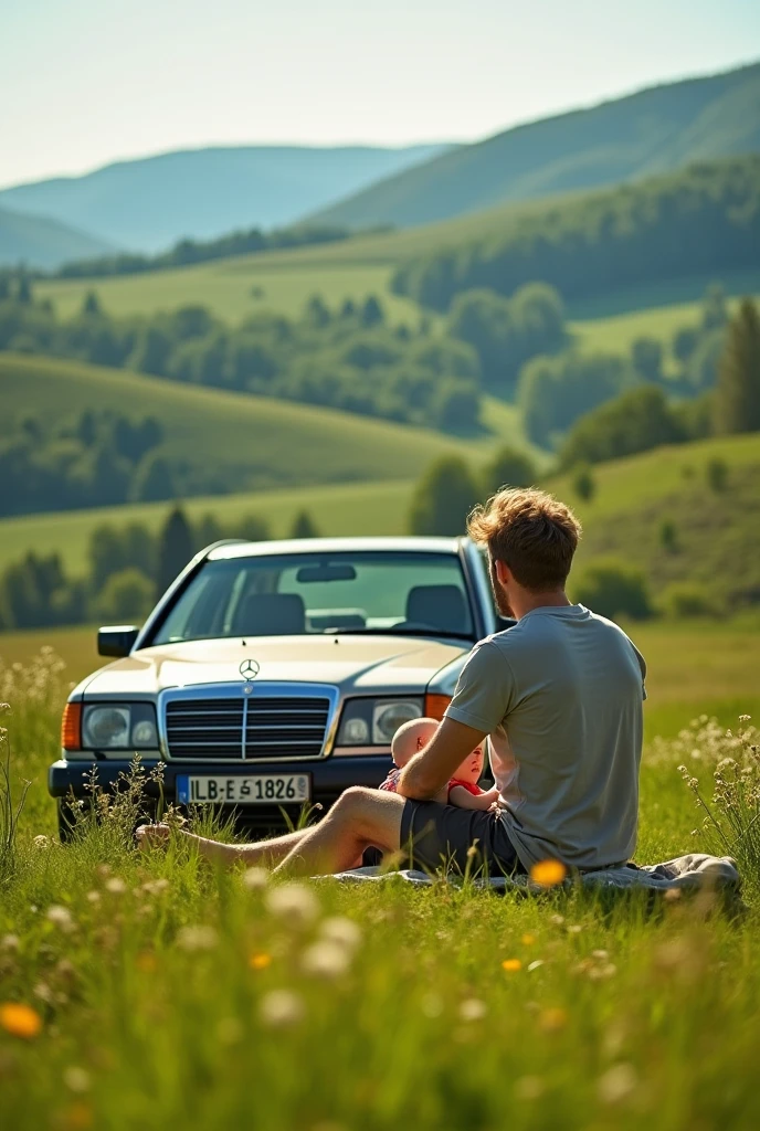 beautiful green landscape. a man watching the scenery. a baby in the man's lap. The man's back is turned.. The man has blonde hair and there is a Mercedes w 203 car next to him. The car is silver. Otomobilin plakası LB-EE 1826