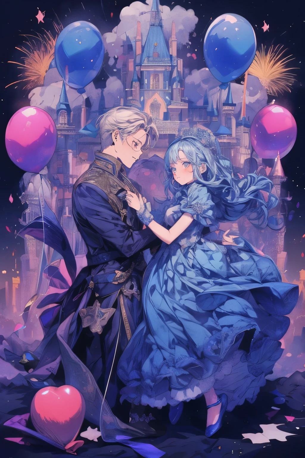 Princess、Prince、A long blue dress、Dance、Castle、firework、balloon、smile