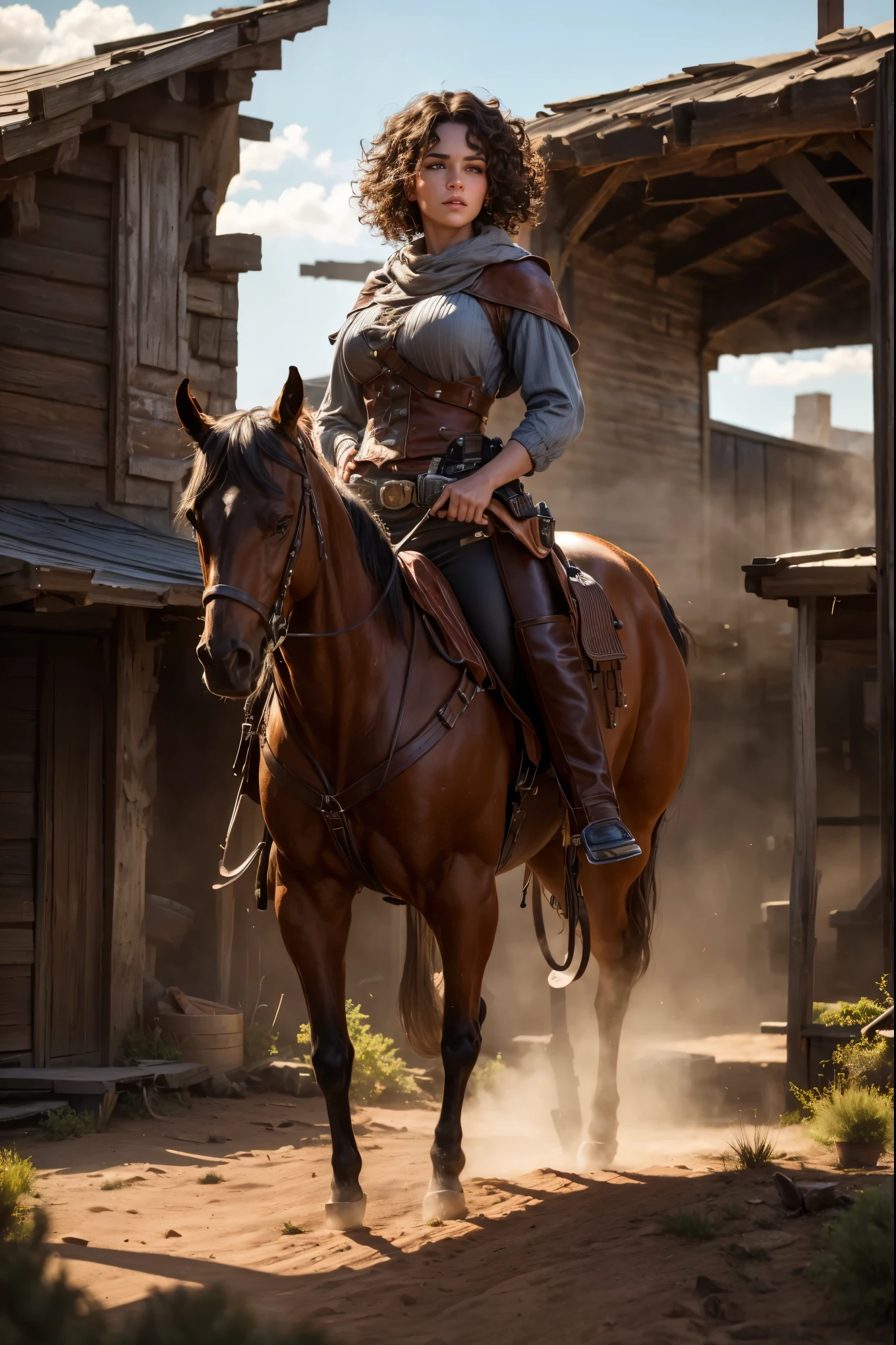 a woman with curly brown hair, large breasts, dressed as a gunslinger from the Old West, in front of a stable, (best quality,4k,8k,highres,masterpiece:1.2),ultra-detailed,(realistic,photorealistic,photo-realistic:1.37),detailed face, detailed eyes, detailed lips, long eyelashes, cinematic lighting, dramatic lighting, warm color palette, intricate details, cinematic composition, dynamic pose, western-style clothing, leather holster, six-shooter revolver, old wooden barn, dusty prairie landscape, dramatic sky