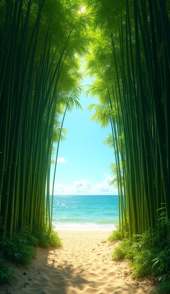 realistic, island in the middle of the sea, covered entirely with bamboo forest, gesture bamboo forest, panoramic photo with visible beach and entrance to the forest