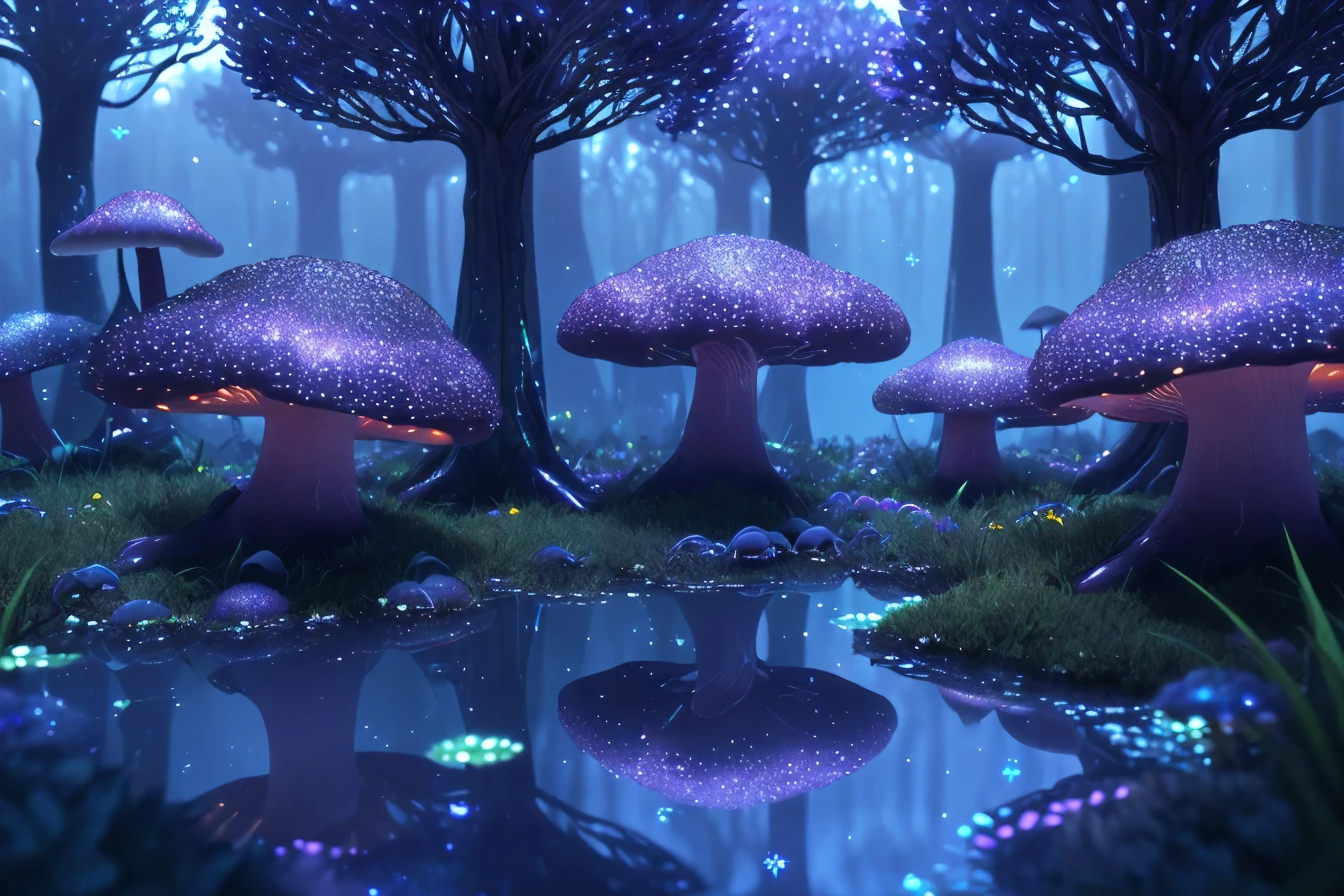 8K render of a mysterious forest, abstract, surreal, (highly intricate:1.2), (masterpiece, best quality:1.3), (ultra detailed:1.4), UHD, 32K, (amazing landscape:1.3), (ethereal atmosphere:1.2), (color blending), glow effects, (glowing colors:1.2), {purple theme|(blue theme:1.2)|black theme}, (scattering:1.2), ((glowing flowers, glowing mushrooms)), (shimmer particles:1.3), (glowing, shimmer:1.4), diffused lighting, (water reflection), (film grain:1.2), (depth of field:1.3), [dark ambient], (dream-like art, fantasy), ray tracing, (unreal engine, octane render:1.3), (VFX, volumetrics dtx)
