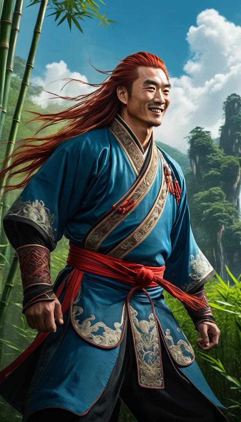 Linghu Chong, the great hero in The Smiling, Proud Wanderer, is extremely handsome, long floating red hair, his martial arts costume is embroidered with exquisite details, Hong Kong cinema. Background of bamboo forest, blue sky, white clouds.
Cinematic lighting, bright and moody atmosphere, detailed, 8K, concept art, ArtStation quality.