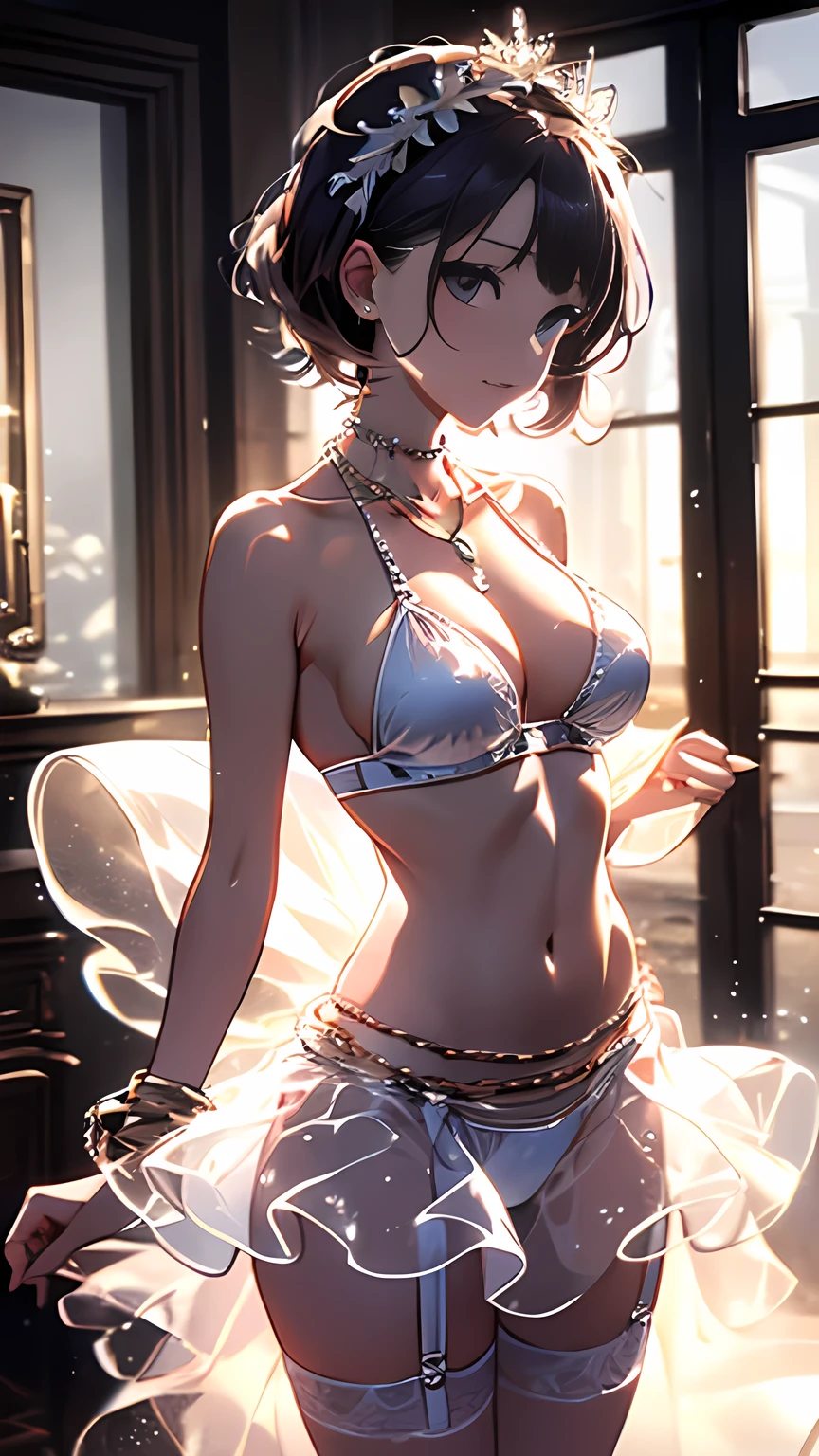 Highest quality、Ultra high definition、8k、One slim woman、Wearing chains as ornaments all over the body、Small breasts、Slim body、Thin thighs、Seductively posing in an erotic manner、Thin and delicate chain belt、Cowboy Shot、Ultra high definitionな目、Shining brightly、white large ruffled bikini bottom、skirt-type bikini、living room、Wearing a lot of ribbon garter rings, necklaces, bracelets, and hair ornaments