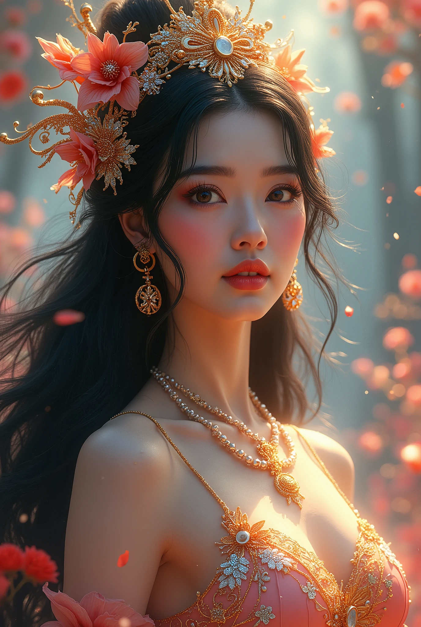 super detailed, realistic, vietnamese goddess, gorgeous detailed eyes, gorgeous detailed lips, shiny black hair, big and beautiful breasts, sparkling ornaments, mysterious aura, sublime beauty, elegant posture, divine light, powerful presence, Surrounding Heaven, bright colors, fairy-tale atmosphere, brilliance, calm expression, transcendent energy, supreme being, legendary figure, queen of heaven, spiritual empowerment, liberated god, Great Goddess, Divine Feminine, unparalleled elegance, Majestic presence, captivating gaze, magical atmosphere, peaceful tranquility, Inspiring brilliance, God's grace, majestic power, eternal silence, Magical amulet, Goddess of Heaven, enchanting beauty, sublime perfection, dreamy atmosphere, enchanting beauty, heavenly divinity