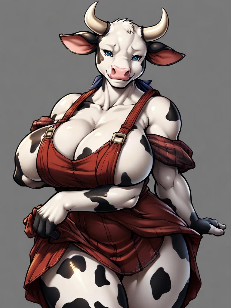 ((cow)), furry female anthro,cow woman,HD,sharp,beautiful and detailed,woman ((anthro)),1girl,Milf, mature woman,white skin,black marble,Holstein,(look at viewer) ,thick girl,by dr comet,by pochincoff, by jlullaby,by kingbang,by obui,by ZeroQrisu,by sparrow,by gmeen,thief, farmer,((farmer outfit)),sad,smile,lghngcw,((simple background)),(gray background,)