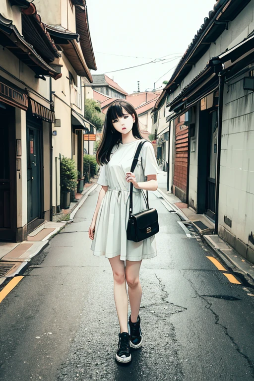 Highest quality、masterpiece、High sensitivity、High resolution、Detailed Description、Slender women、on the road、While playing with a cell phone、Carrying a big bag、Leaning against a building、Are standing、