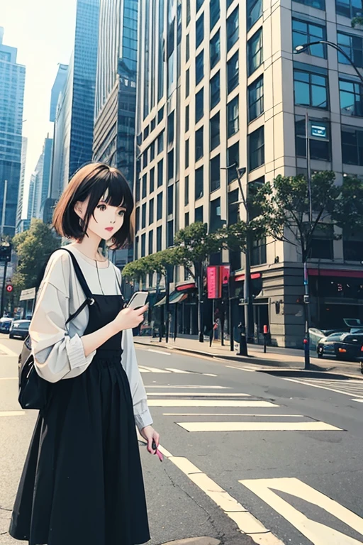 Highest quality、masterpiece、High sensitivity、High resolution、Detailed Description、Slender women、on the road、While playing with a cell phone、Carrying a big bag、Leaning against a building、Are standing、