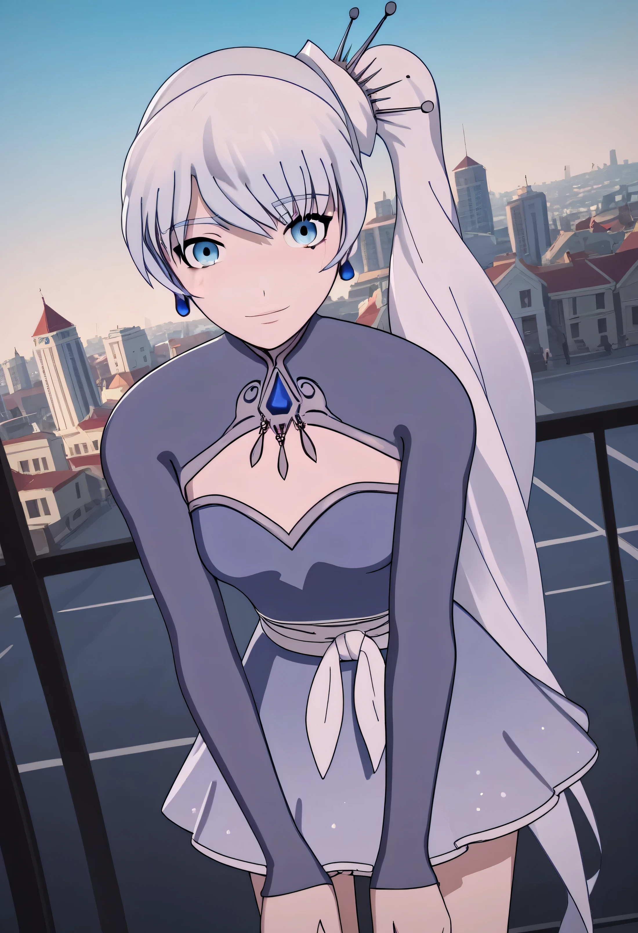 score_9, score_8_up, score_7_up, source_anime, weiss schnee, long hair, blue eyes, hair ornament, ponytail, white hair, side ponytail, scar, tiara, scar on face, scar across eye,, dress, jewelry, earrings, blue dress,, cityscape, street, bent over, smile, looking at viewer, solo, cowboy shot, dutch angle