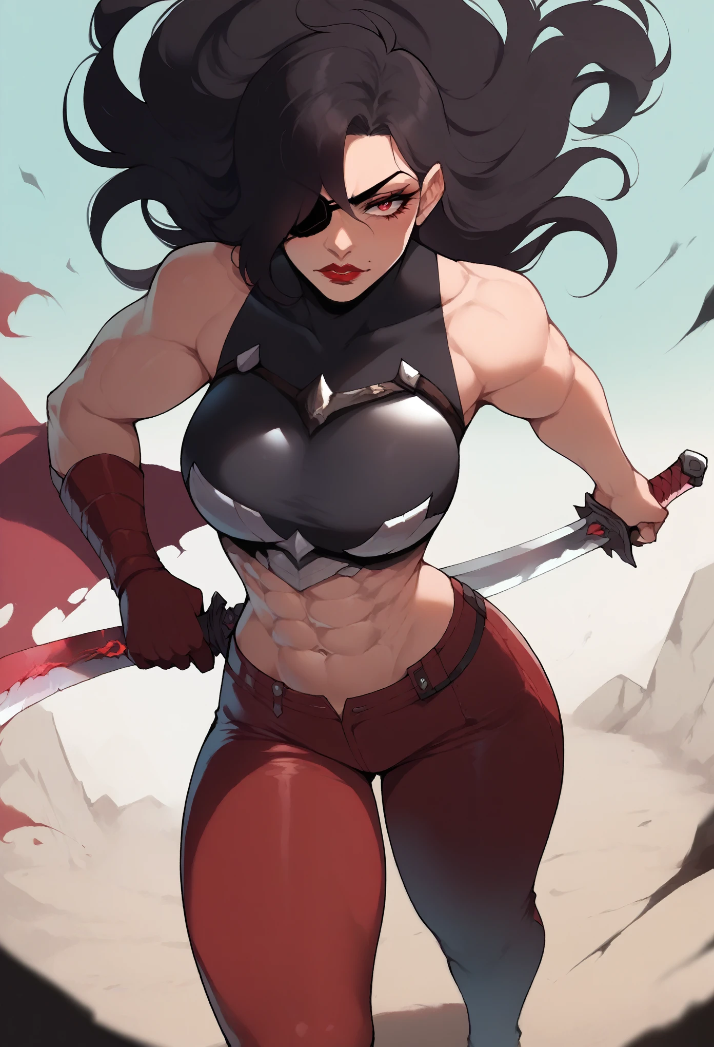 ((score_9, score_8_up, score_7_up, score_6_up), (adult, seductive face, seductive expression), action pose, long straight black hair, hair over eye, abs, big breasts, eyepatch, red eyes, red lips, eyeliner, tight leather armor, sleeveless, holding sword, Nyantcha Style, shadow, soft light, source_anime,