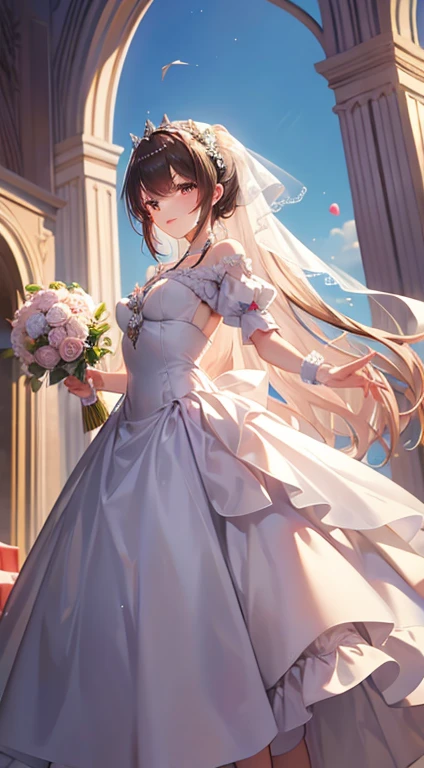 wedding gown,auditorium,Flying white doves,Holding roses in hand,divino