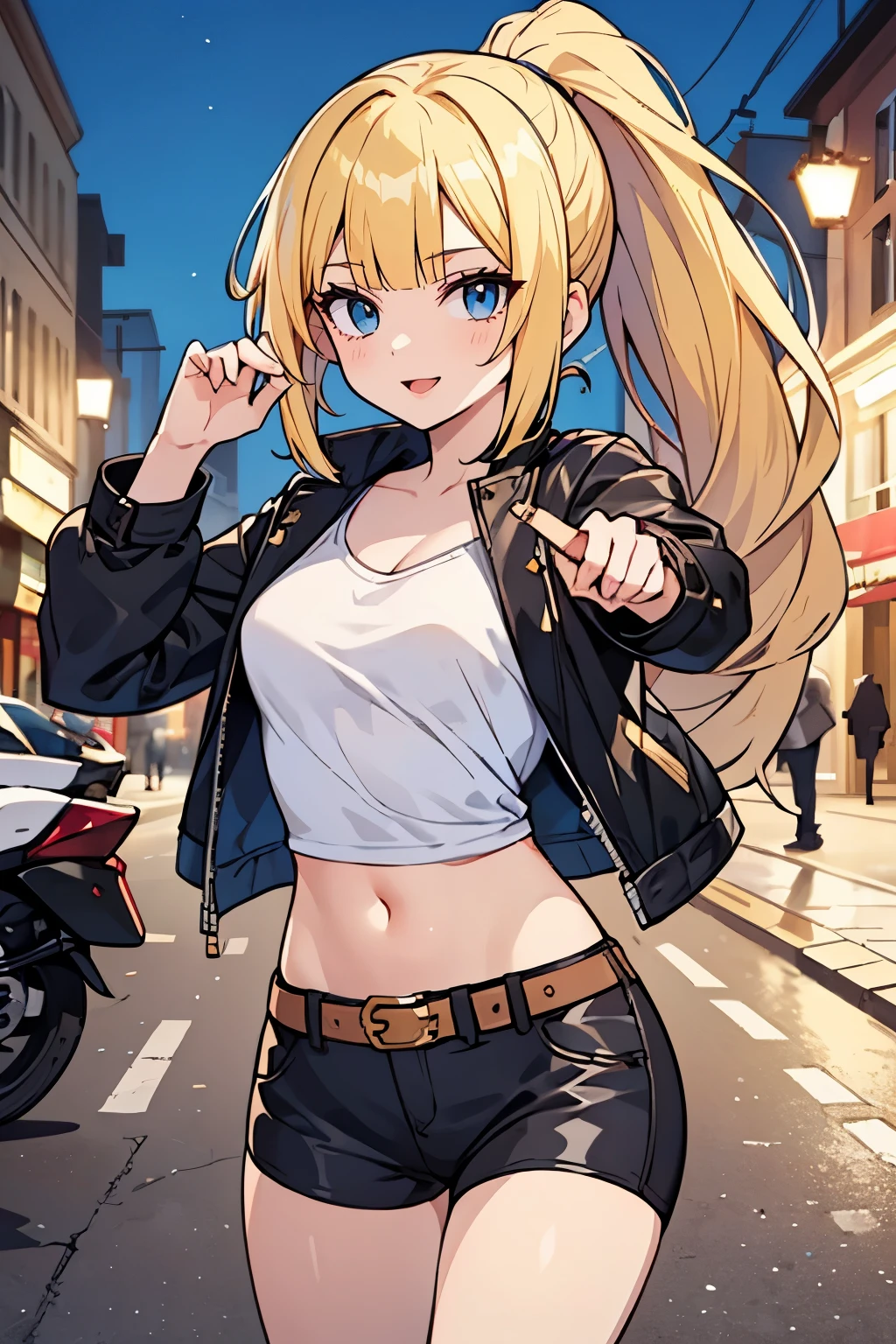 solo girl, (young female body:1.4), ( medium small breasts), knee length hair, yellow long hair, ponytail, voluminous wavy very long yellow hair, extra long yellow hair, hime cut, light blue eyes, cowboy shot, standing in the street, street lights and motorcycle, modern town, street car, biker chick, biker clothing, leather jacket, short, tigh high socks, exposed midriff, dynamic posing