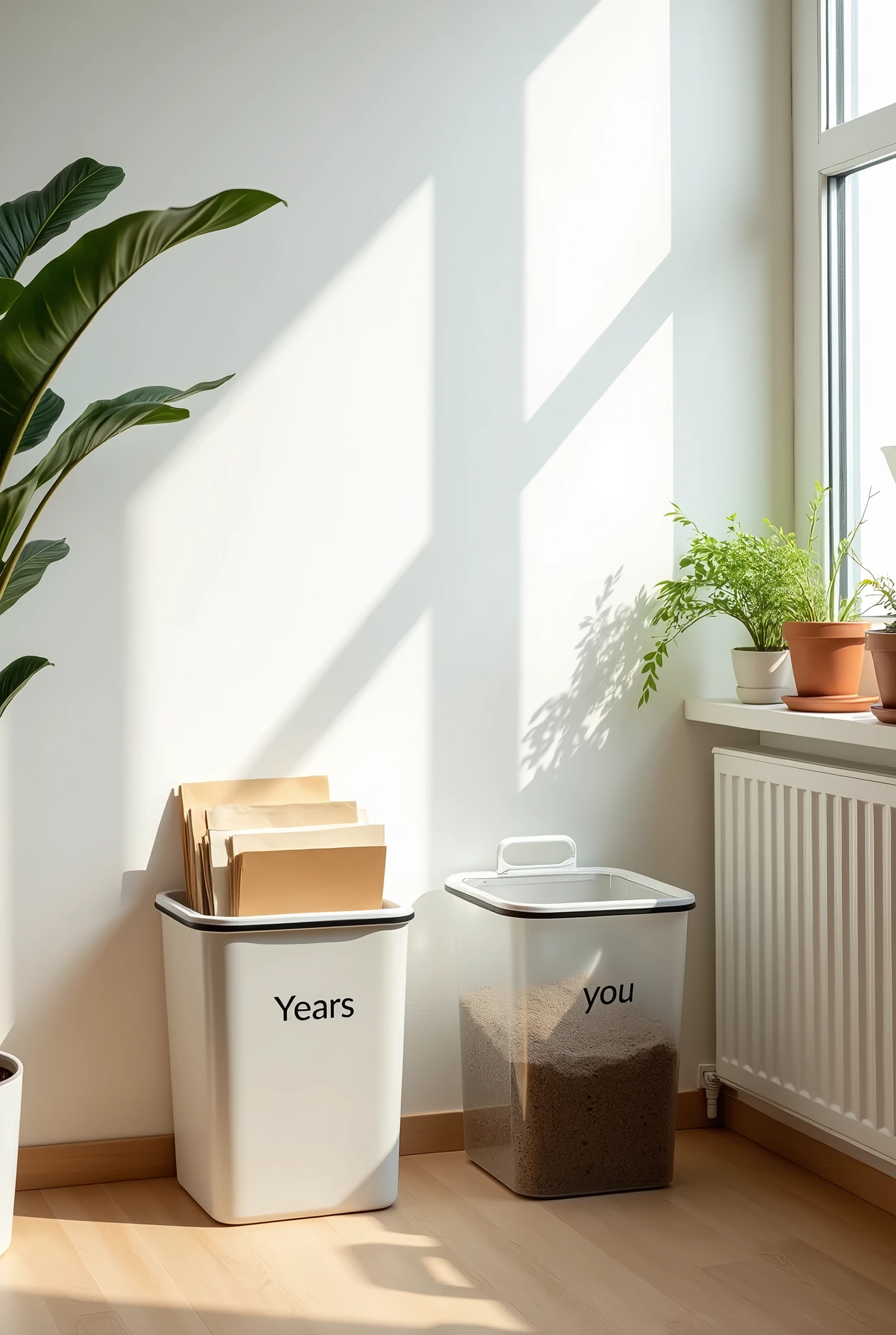 2 images of a simple room with small bins for sorting paper waste,years,peeked out,organic waste in which its content can be seen