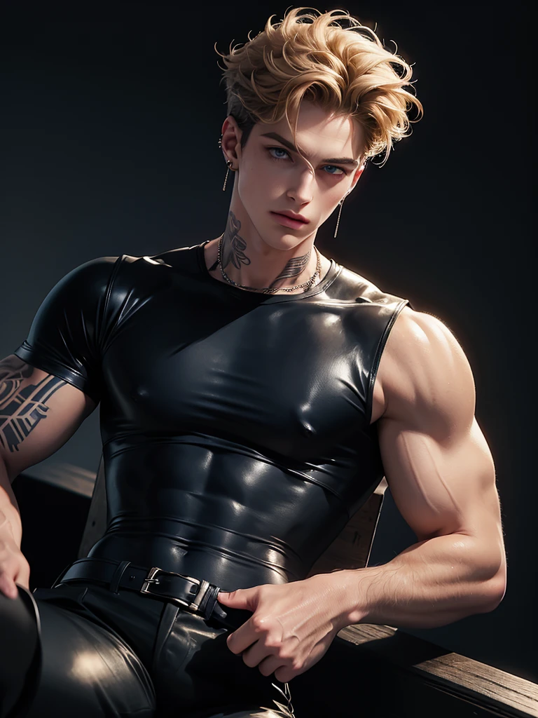 ((Best quality)), ((masterpiece)), (detailing), ((perfect face)), ((half of the body)) Perfect proportions, he's a bad guy, 23 years old, he has disheveled short curly golden hair, blue eyes, cool, he's sexy, he has a lot of piercings, he is dressed in black leather, he has tattoos on his arms, he wears tight trousers and army boots, he wears accessories with spikes, he is against the background of a night city ((perfect face)) full-length+, disheveled short curly golden hair, tall, athletic, athletic, handsome, masculine.