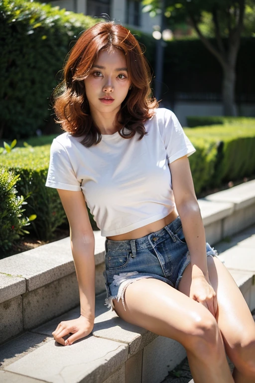 A red-haired Brazilian woman, with curly hair, with discreet sardines, greeneyes, in a lush garden, wearing a short white shirt, a pair of black ripped denim shorts, showing her natural charm and seductive personality.