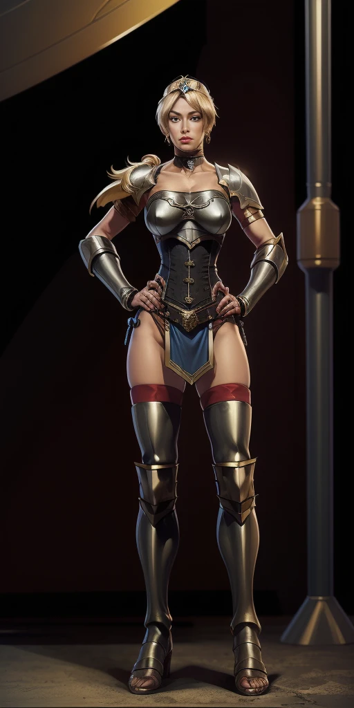 full body, whole body. 1solo (girl). slave fighter, loincloth standing, hands on hips, metal sandals, leather choker and corset, big belt, view from below, feet together, bracers, tiara)