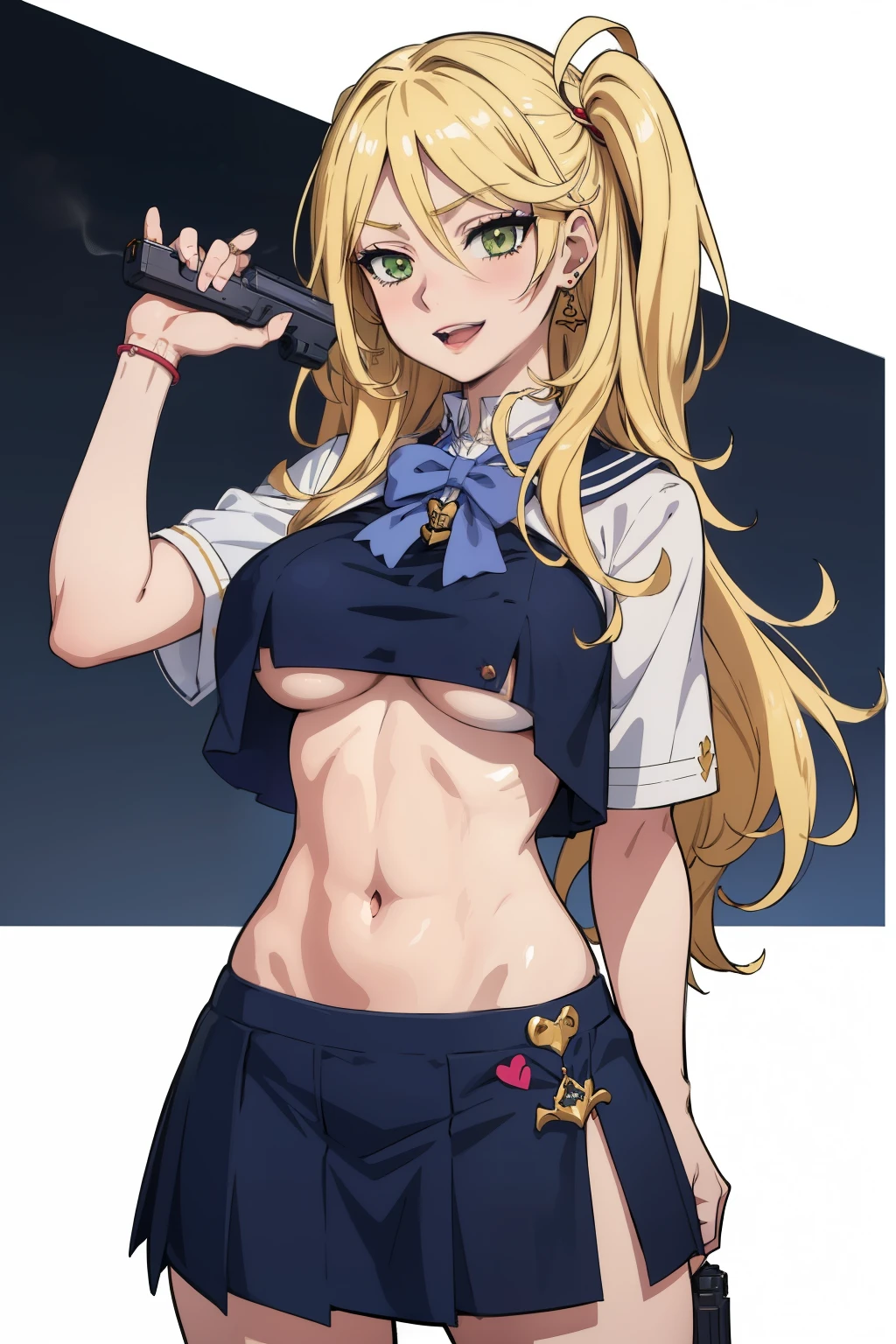 1girl sharon holygrail, long hair, choker, blush, lipstick,,jewelry, earrings, Hot girl, baddie, bad attitude, mean girl, crazy, smoking, sensual, attractive, masterpiece, best quality, highly detailed, a anime girls in sailor uniforms with a gun posing for a picture,
evil smile, smile, open mouth,black_serafuku, ecchi anime style, anime girls , (nsfw) not safe for work,
ecchi style, ecchi, shipgirls, digital anime art!!, high school girls, holding a gun, hold a gun, anime style 4
k, micro skirt, exposed belly, exposed navel, exposed midriff, holding pistol,underboob,
exposed lower belly,school, classroom