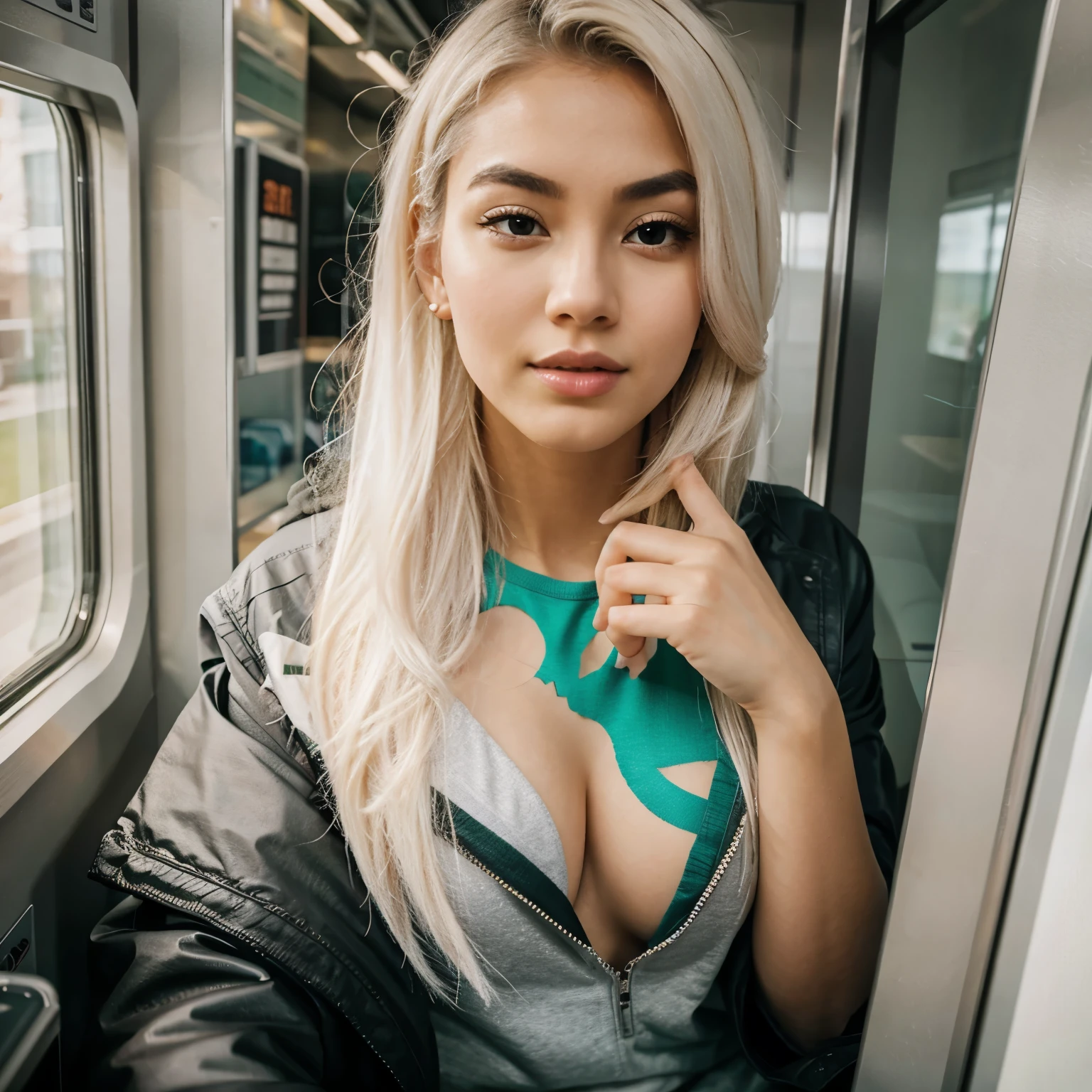one woman, 18 years old, with coloured white hair, asian girl, 172cm height, 68kg weight, clear green eyes, long lashes, perfectly shaped eyebrows, slim and well-defined body, curvy body, elegant thin nose, small ears, full lips, white teeth, small soft ladylike hands, painted fingernails, (wearing a green sweatshirt and a black winterjacket), high resolution, masterpiece, best quality, intricate high detail, highly detailed, sharp focus, detailed skin, realistic skin texture, real skin texture, realistic texture, professional, real life, ultra-realistic, photorealism, photography, realistic photography, UHD, (selfie from above inside train, sitting on seat, winter day) 