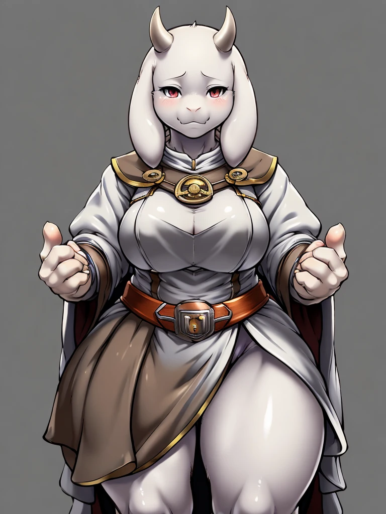 ((goat), furry female anthro,cow woman,HD,sharp,beautiful and detailed,woman ((anthro)),1girl,Milf, mature woman,fat,white skin,toriel,(look at viewer) ,thick girl,by dr comet,by pochincoff, by jlullaby,by kingbang,by obui,by ZeroQrisu,by sparrow,by gmeen,((cleric outfit)),sad,smile,lghngcw,((simple background)),(gray background,)