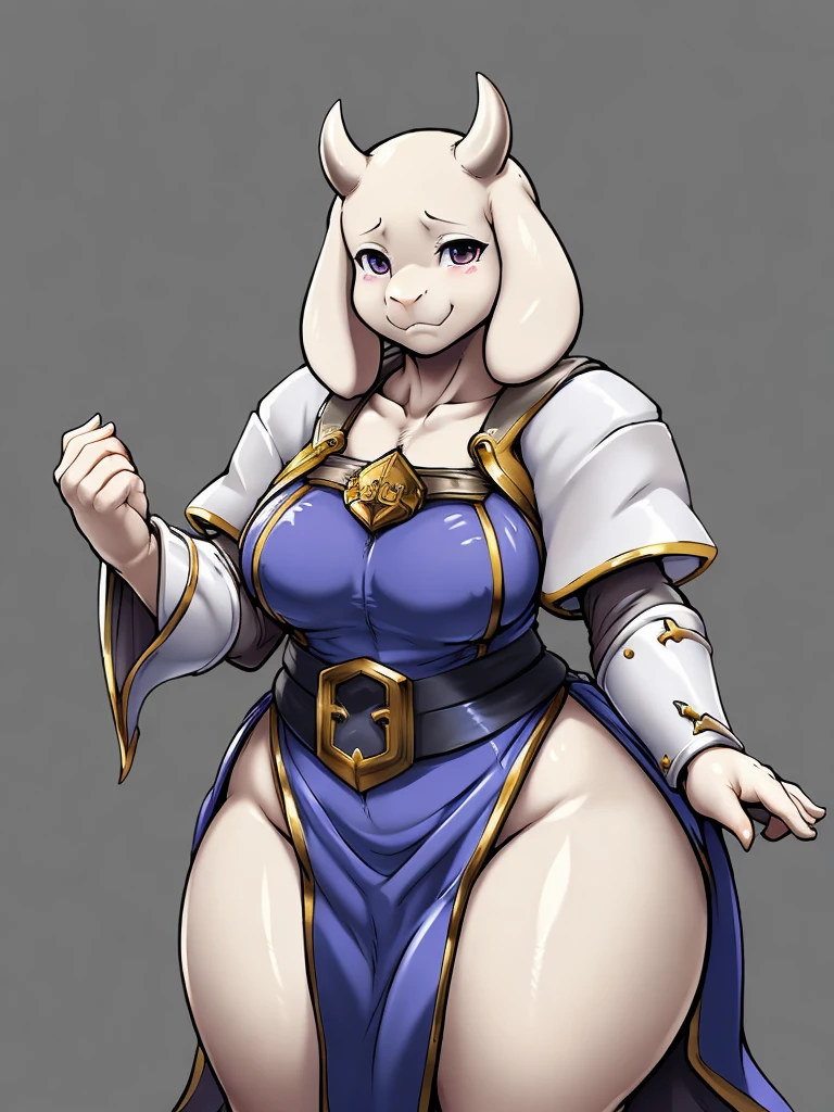 ((goat), furry female anthro,cow woman,HD,sharp,beautiful and detailed,woman ((anthro)),1girl,Milf, mature woman,fat,white skin,toriel,(look at viewer) ,thick girl,by dr comet,by pochincoff, by jlullaby,by kingbang,by obui,by ZeroQrisu,by sparrow,by gmeen,((cleric outfit)),sad,smile,lghngcw,((simple background)),(gray background,)