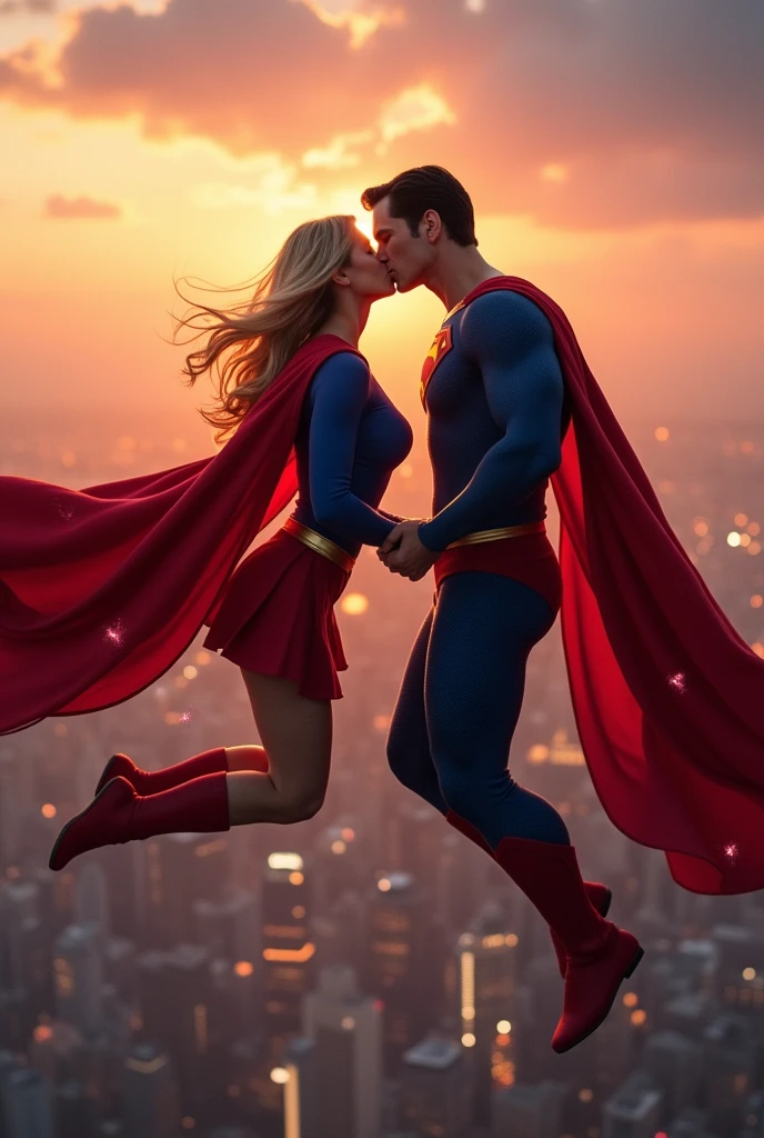 Super girl and superman are kissing