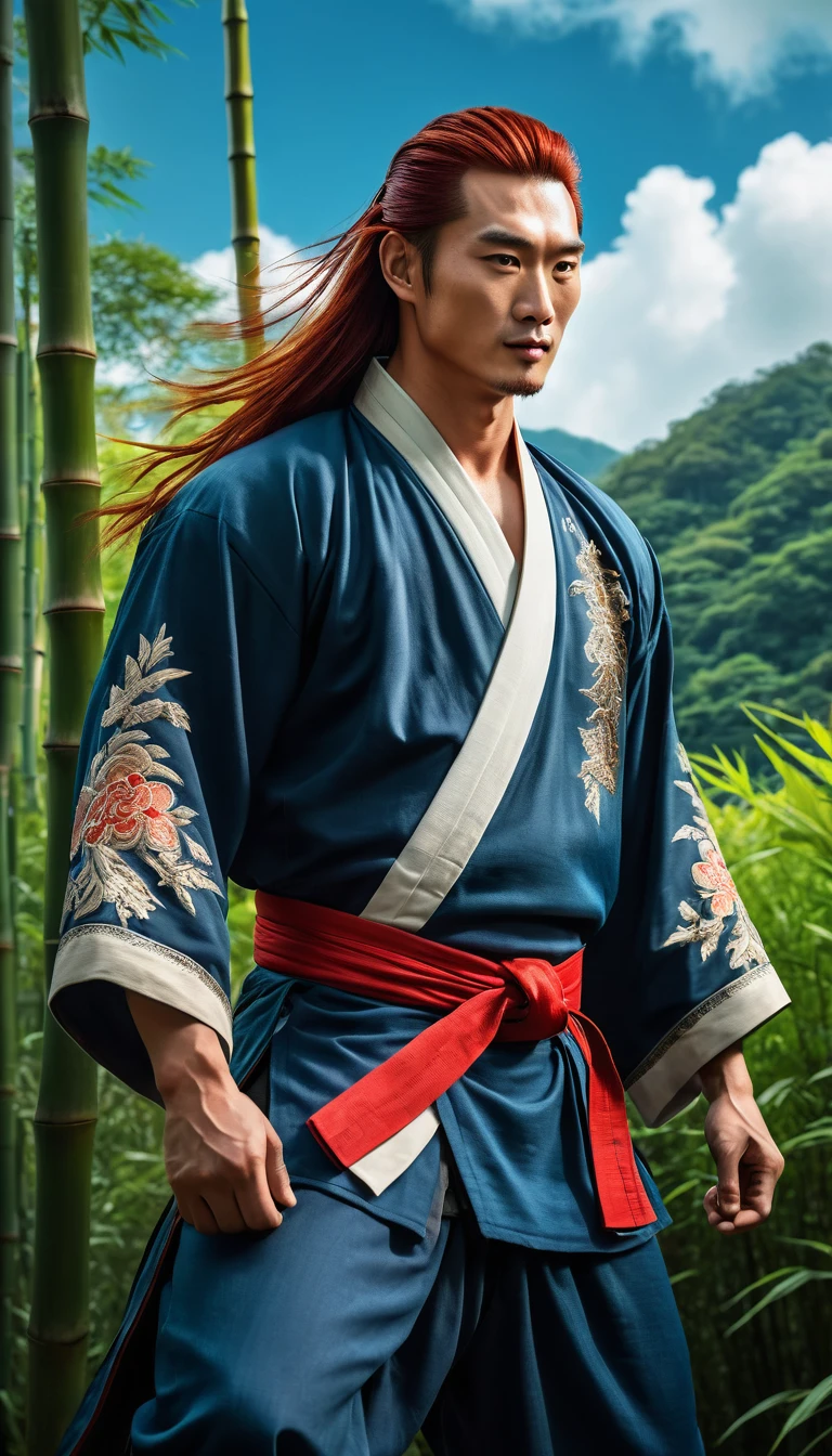 Linghu Chong, the great hero in The Smiling, Proud Wanderer, is extremely handsome, with long, flowing red hair and an exquisitely embroidered martial arts costume, Hong Kong cinema. Background of bamboo forest, blue sky, white clouds. Cinematic lighting, bright and moody atmosphere, detailed, 8K, concept art, ArtStation quality. The young man looks straight into the camera.