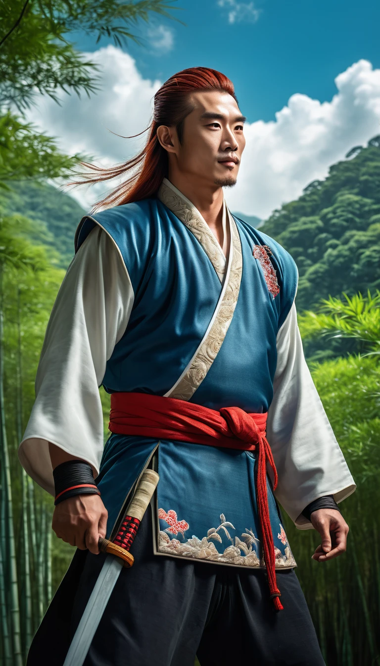 Linghu Chong, the great hero in The Smiling, Proud Wanderer, is extremely handsome, with long, flowing red hair and an exquisitely embroidered martial arts costume, Hong Kong cinema. Background of bamboo forest, blue sky, white clouds. Cinematic lighting, bright and moody atmosphere, detailed, 8K, concept art, ArtStation quality. The young man looks straight into the camera.